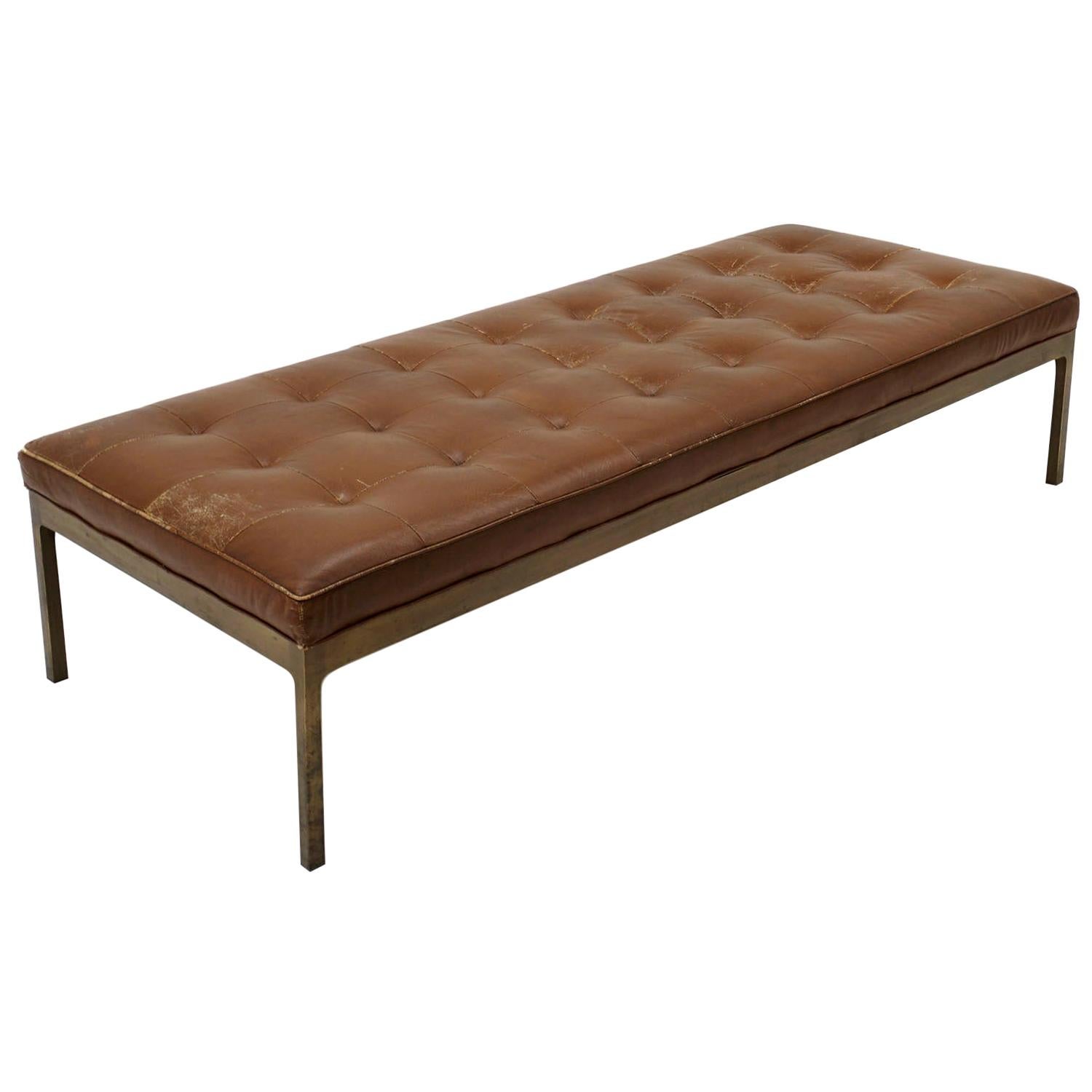 Tufted Brown Leather Bench with Solid Bronze Frame by Nico Zographos, Signed