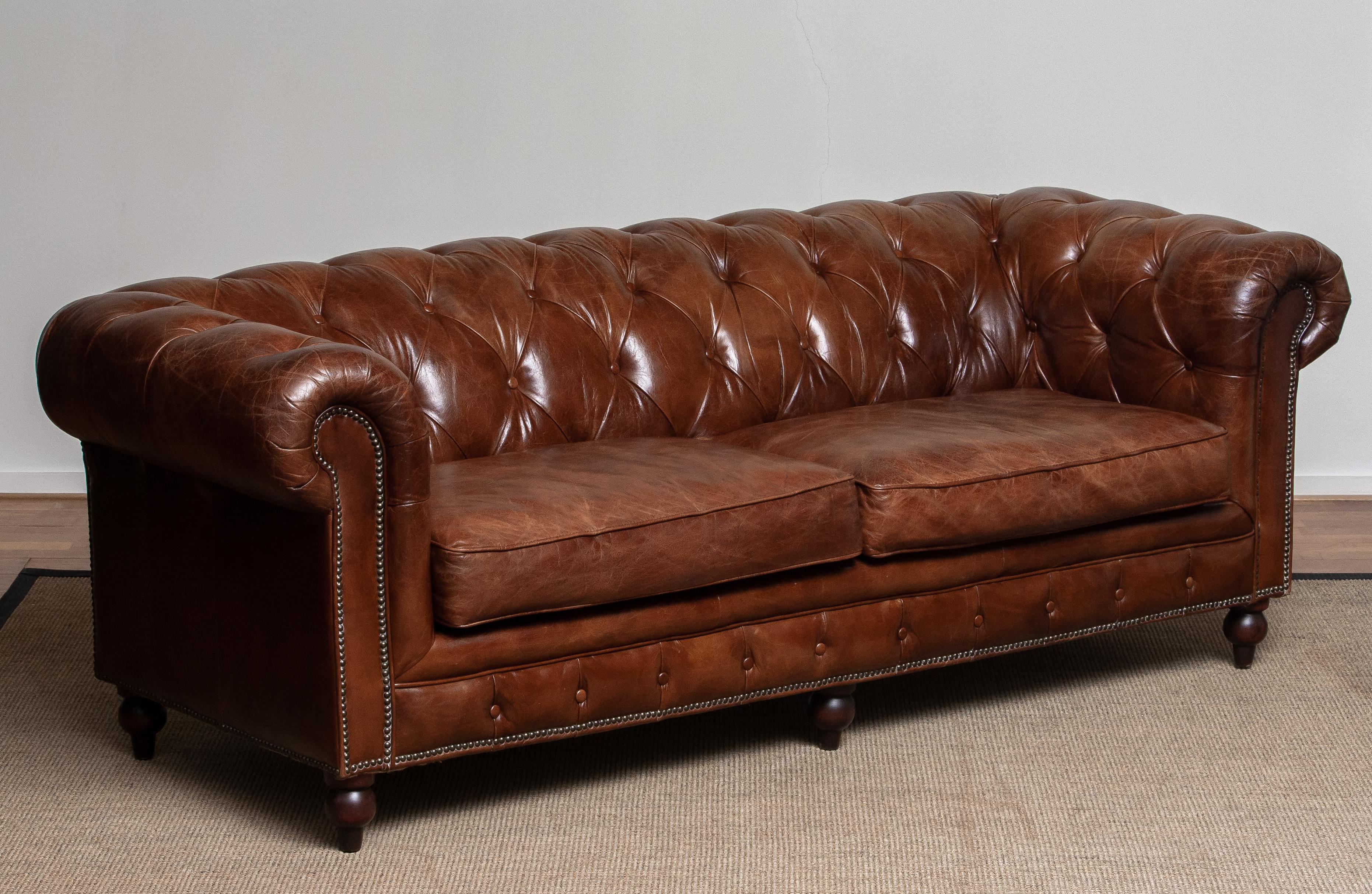 Tufted Brown Leather Chesterfield Sofa and Arm / Lounge Chair 8