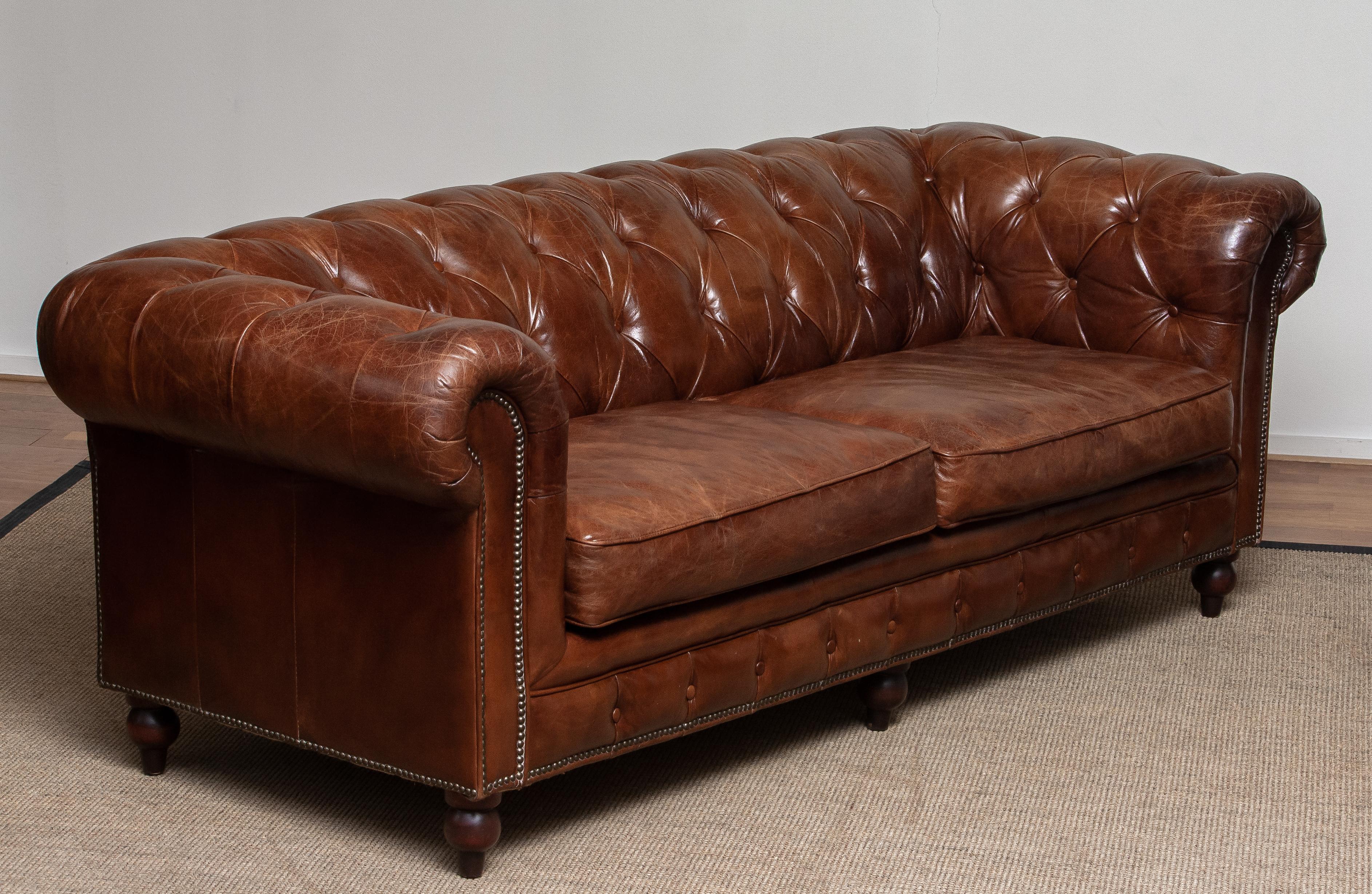 Tufted Brown Leather Chesterfield Sofa and Arm / Lounge Chair 12