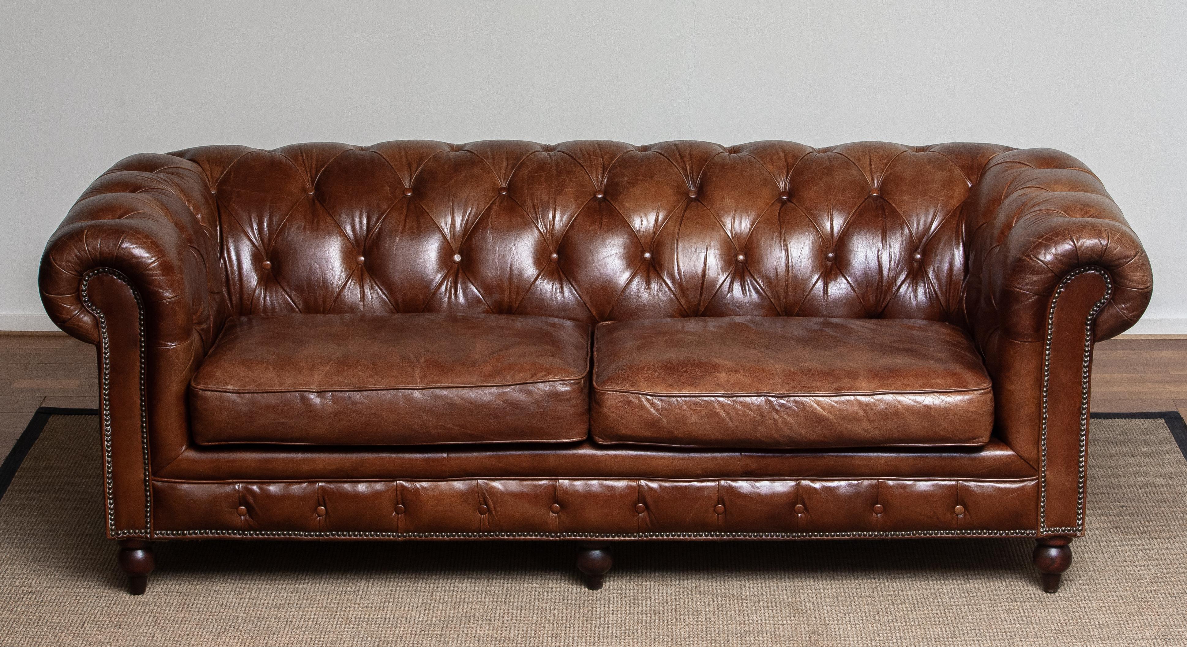 Tufted Brown Leather Chesterfield Sofa and Arm / Lounge Chair 15