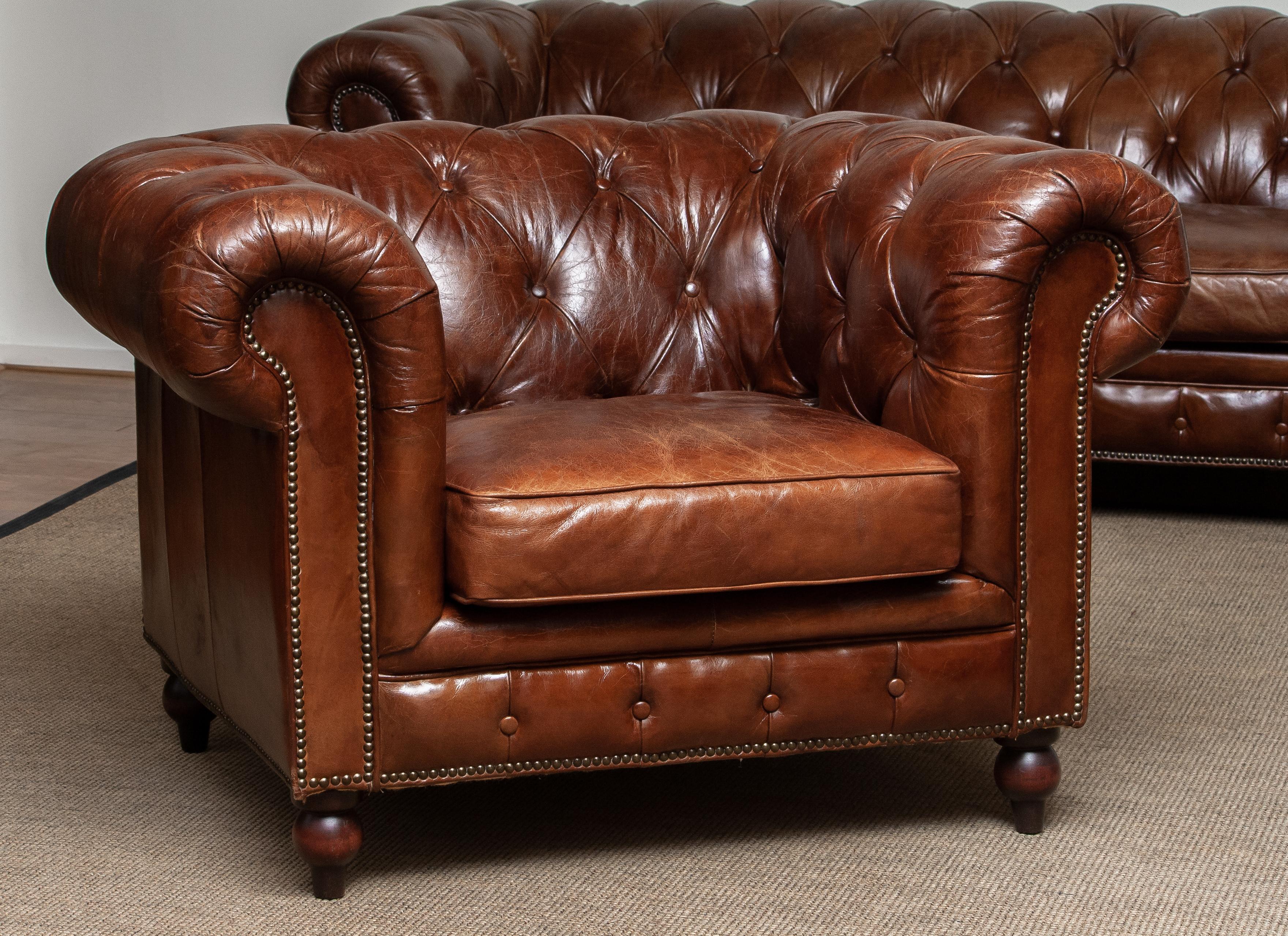 English Tufted Brown Leather Chesterfield Sofa and Arm / Lounge Chair