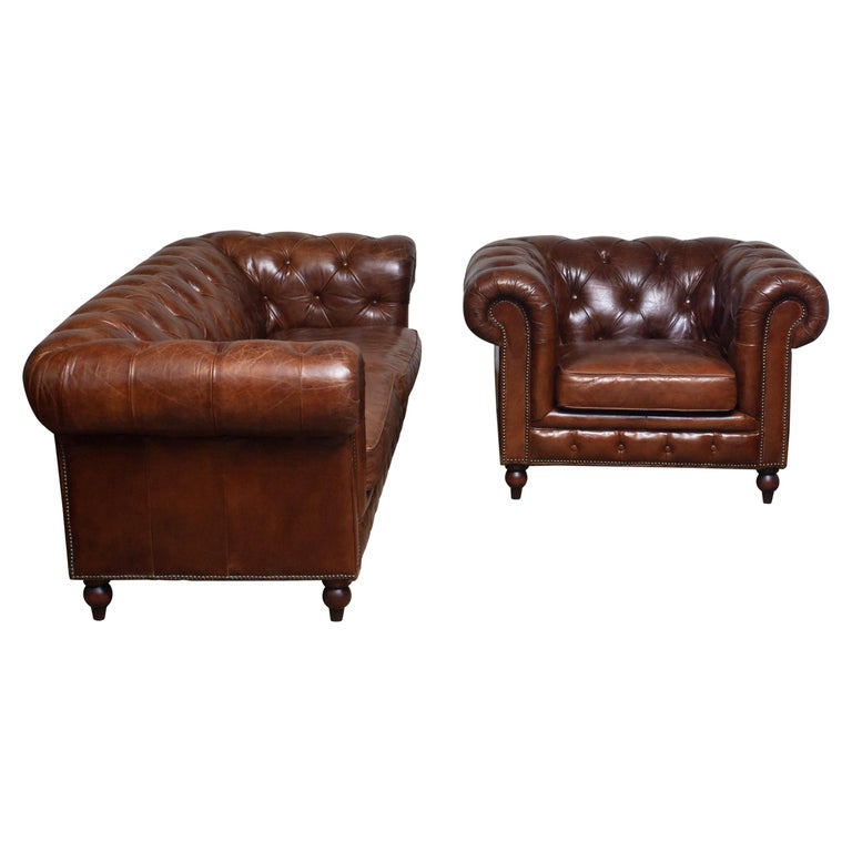 Tufted Brown Leather Chesterfield Sofa and Arm / Lounge Chair For Sale ...
