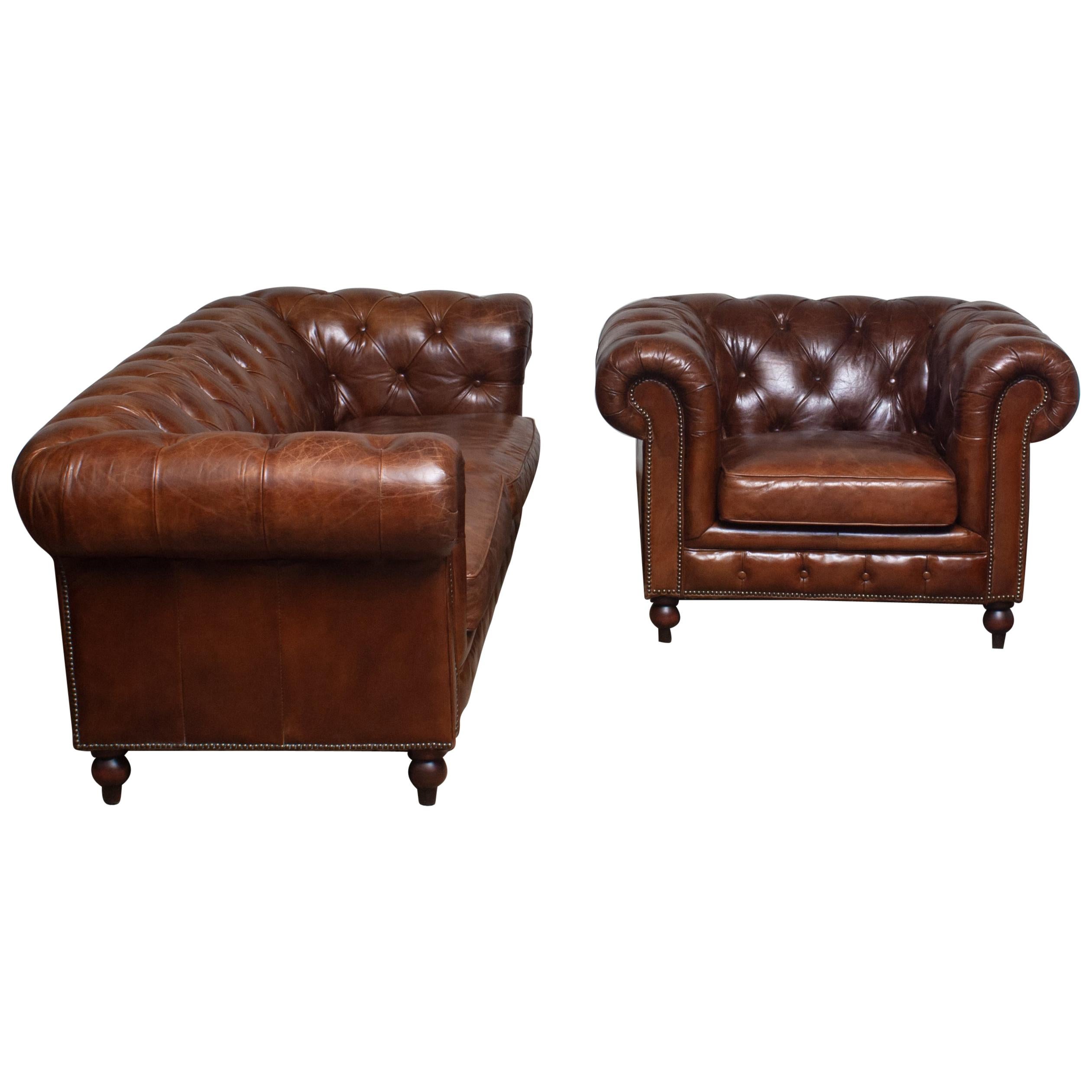Tufted Brown Leather Chesterfield Sofa and Arm / Lounge Chair