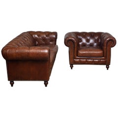 Vintage Tufted Brown Leather Chesterfield Sofa and Arm / Lounge Chair