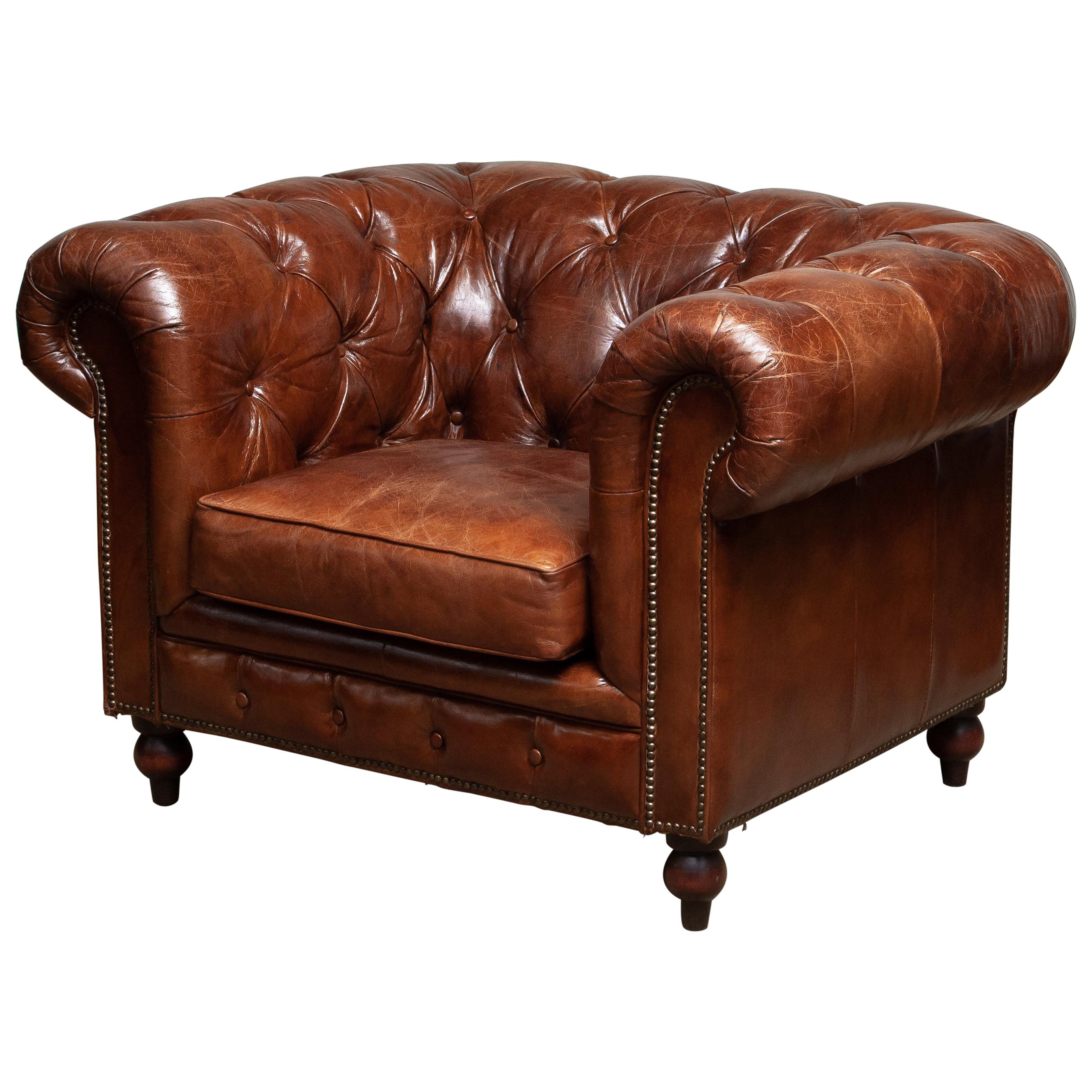 Tufted Brown Leather English Chesterfield Lounge Easy Chair, 20th Century