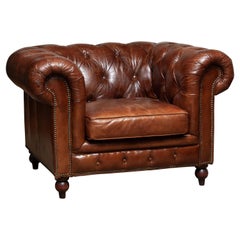 Vintage Tufted Brown Leather English Chesterfield Lounge Easy Chair, 20th Century
