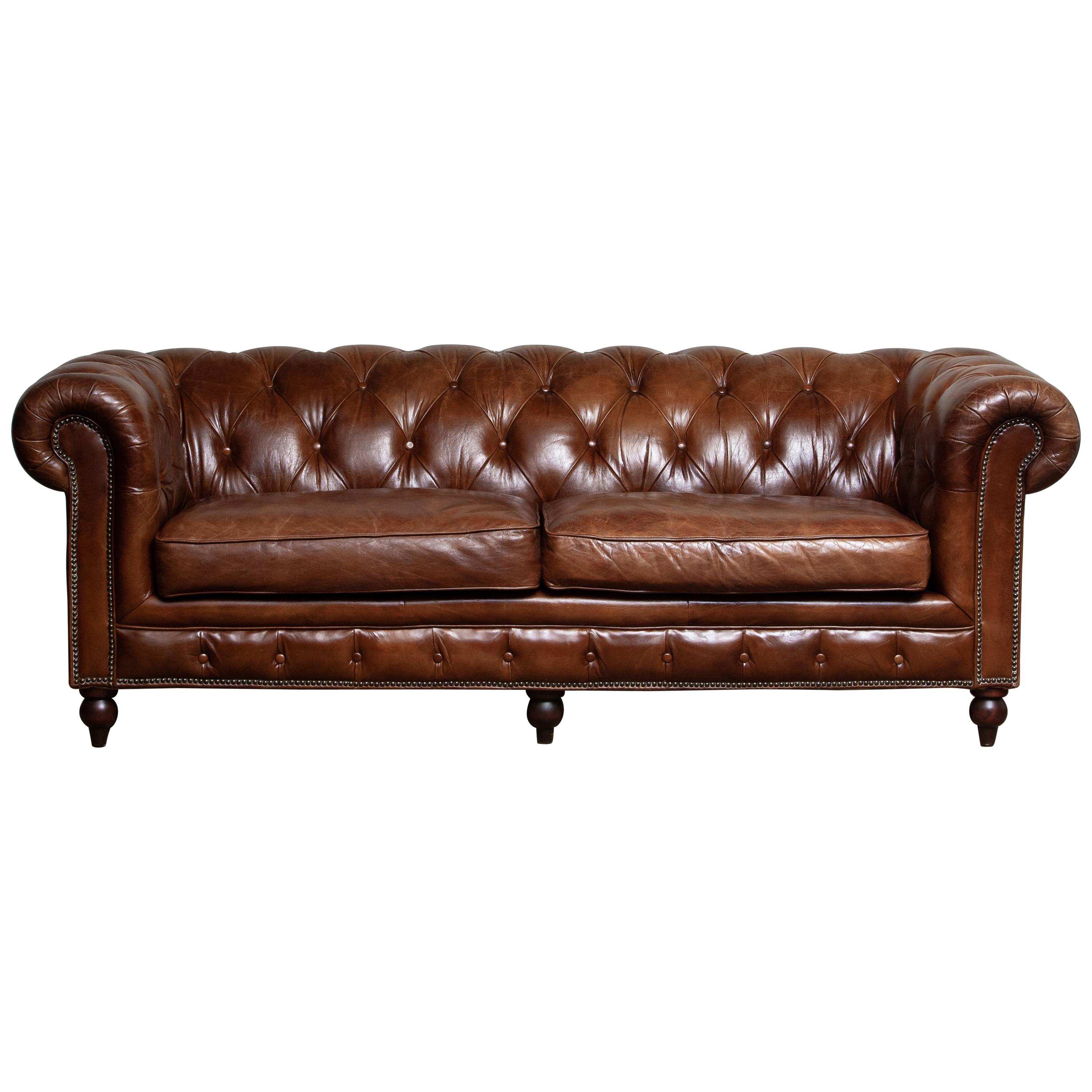 Tufted Brown Leather English Chesterfield Sofa from the 20th Century
