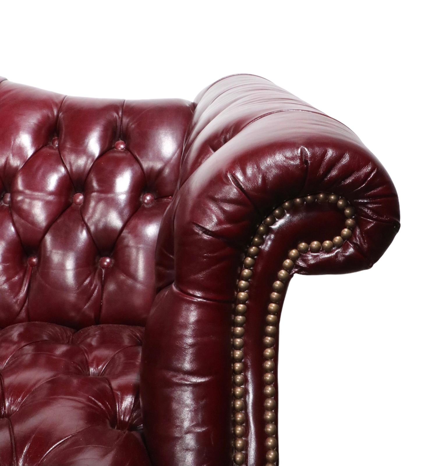 Chippendale  Tufted Burgundy  Leather Chesterfield Sofa c 1950/1960's For Sale