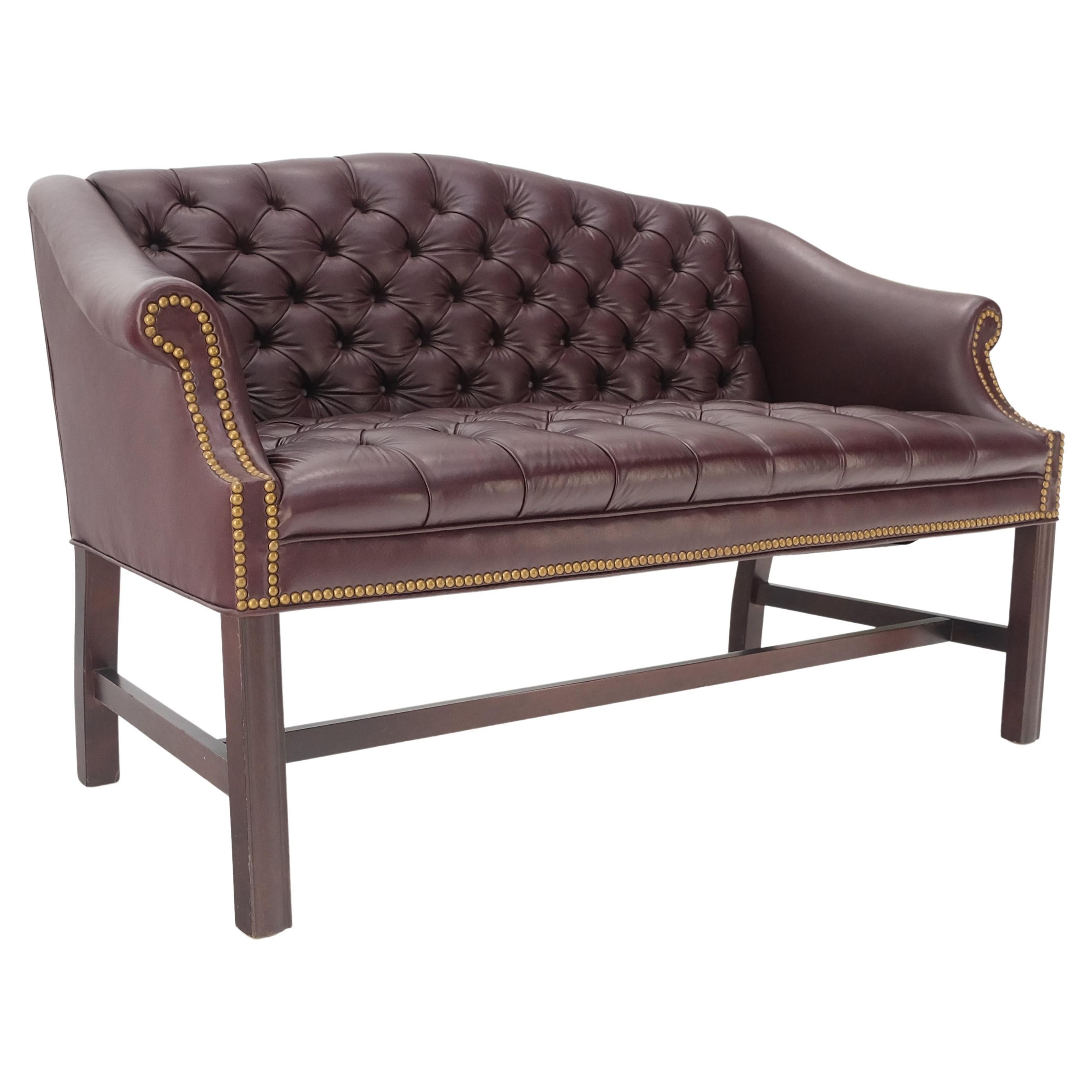 Tufted Burgundy Leather Federal Style Settee Love Seat Couch Sofa MINT! For Sale