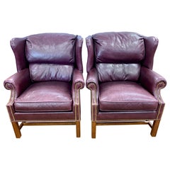 Vintage Tufted Burgundy Leather Pair of Bernhardt Nailhead Wingback Library Chairs
