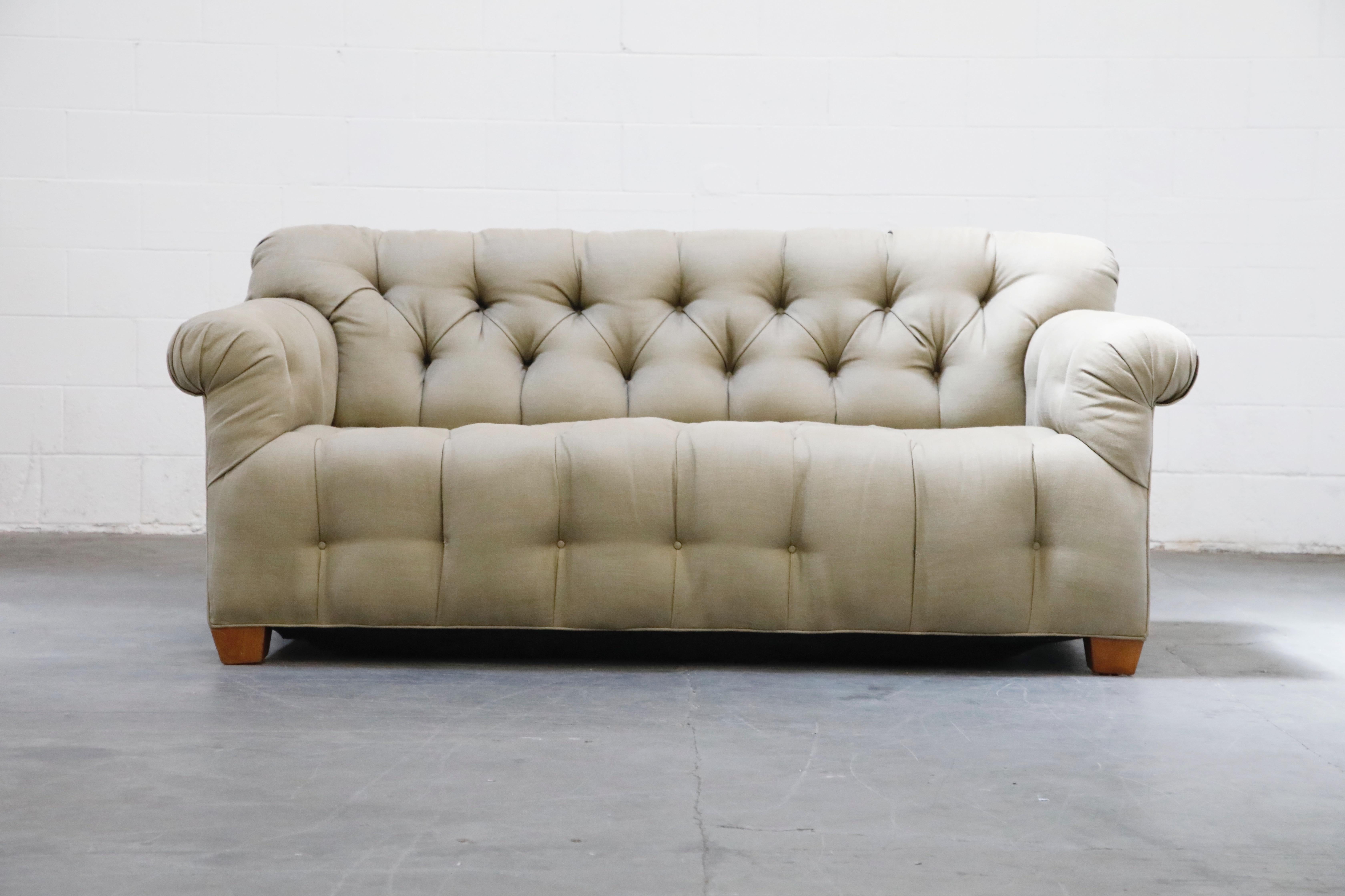 An elegant linen Chesterfield styled sofa, attributed to Michael Taylor, on tapered wood feet. 

Condition:
Good condition with light age appropriate wear. Sturdy and sound, ready for immediate use or reupholstery as desired. Fabric is in overall