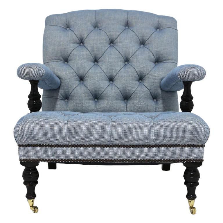Tufted Club Chair in Blue Linen Fabric with Turned Wood Legs and Nailhead Trim