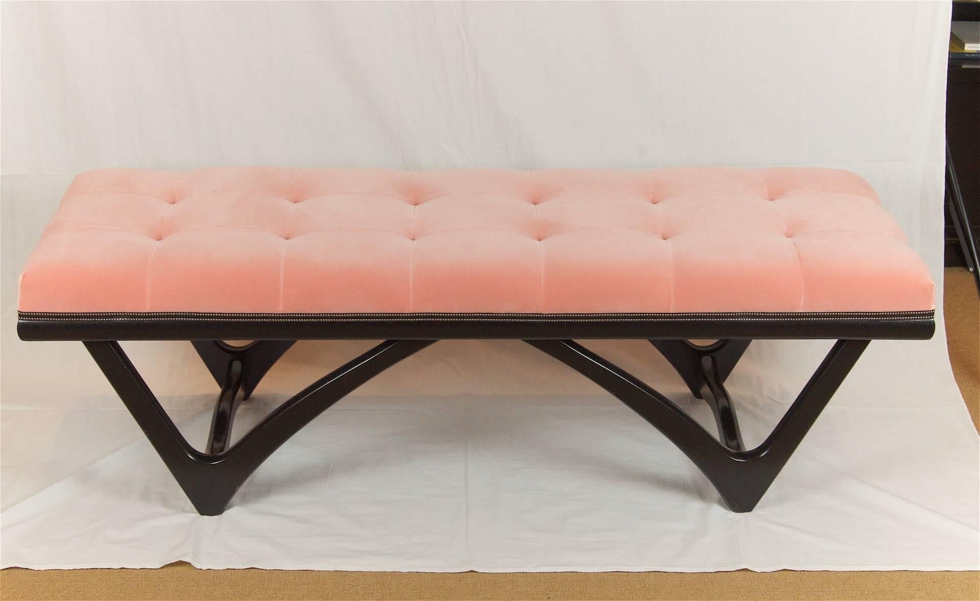 Mid-Century Modern Tufted Coral Velvet Upholstered Bench with Black Lacquer Base
