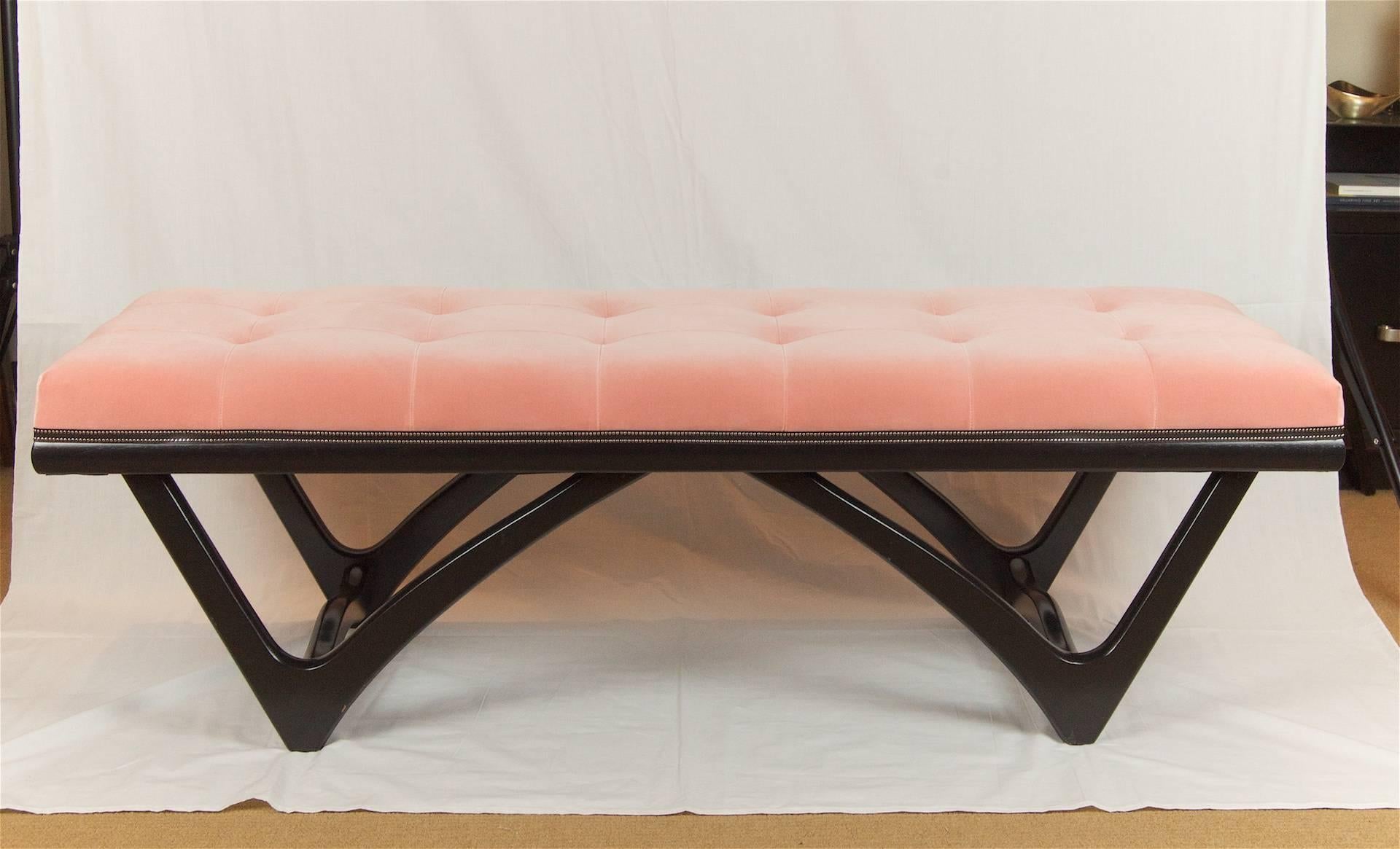 American Tufted Coral Velvet Upholstered Bench with Black Lacquer Base