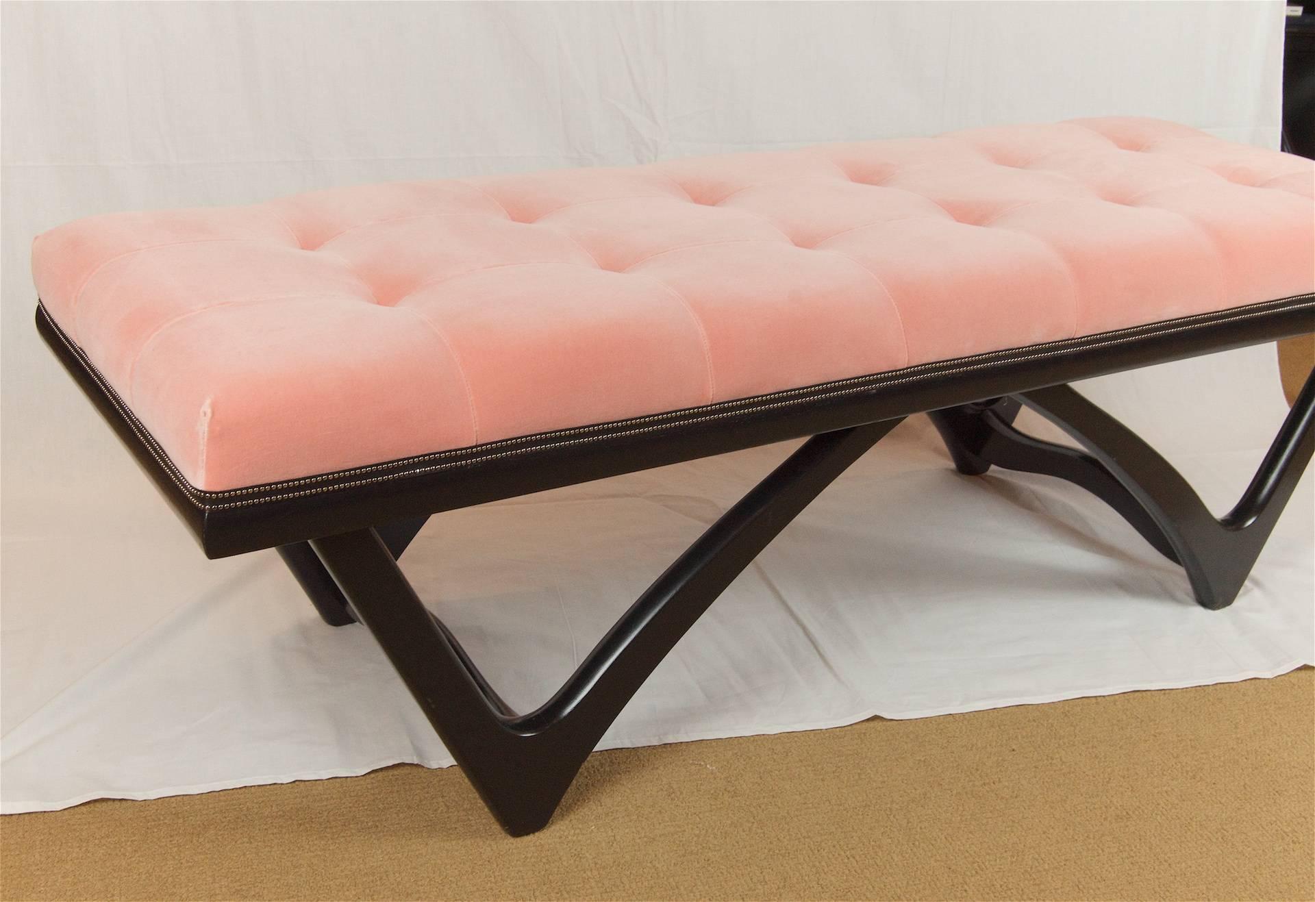 Mid-20th Century Tufted Coral Velvet Upholstered Bench with Black Lacquer Base