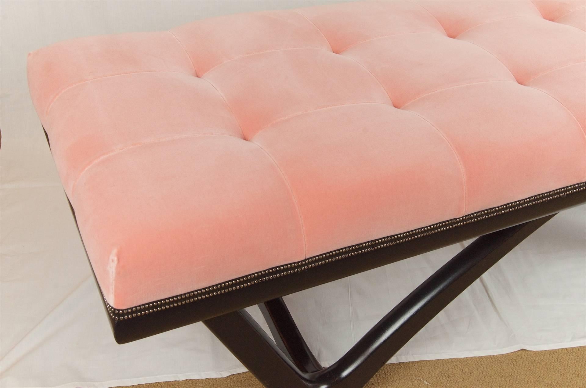Fabric Tufted Coral Velvet Upholstered Bench with Black Lacquer Base