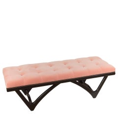 Tufted Coral Velvet Upholstered Bench with Black Lacquer Base