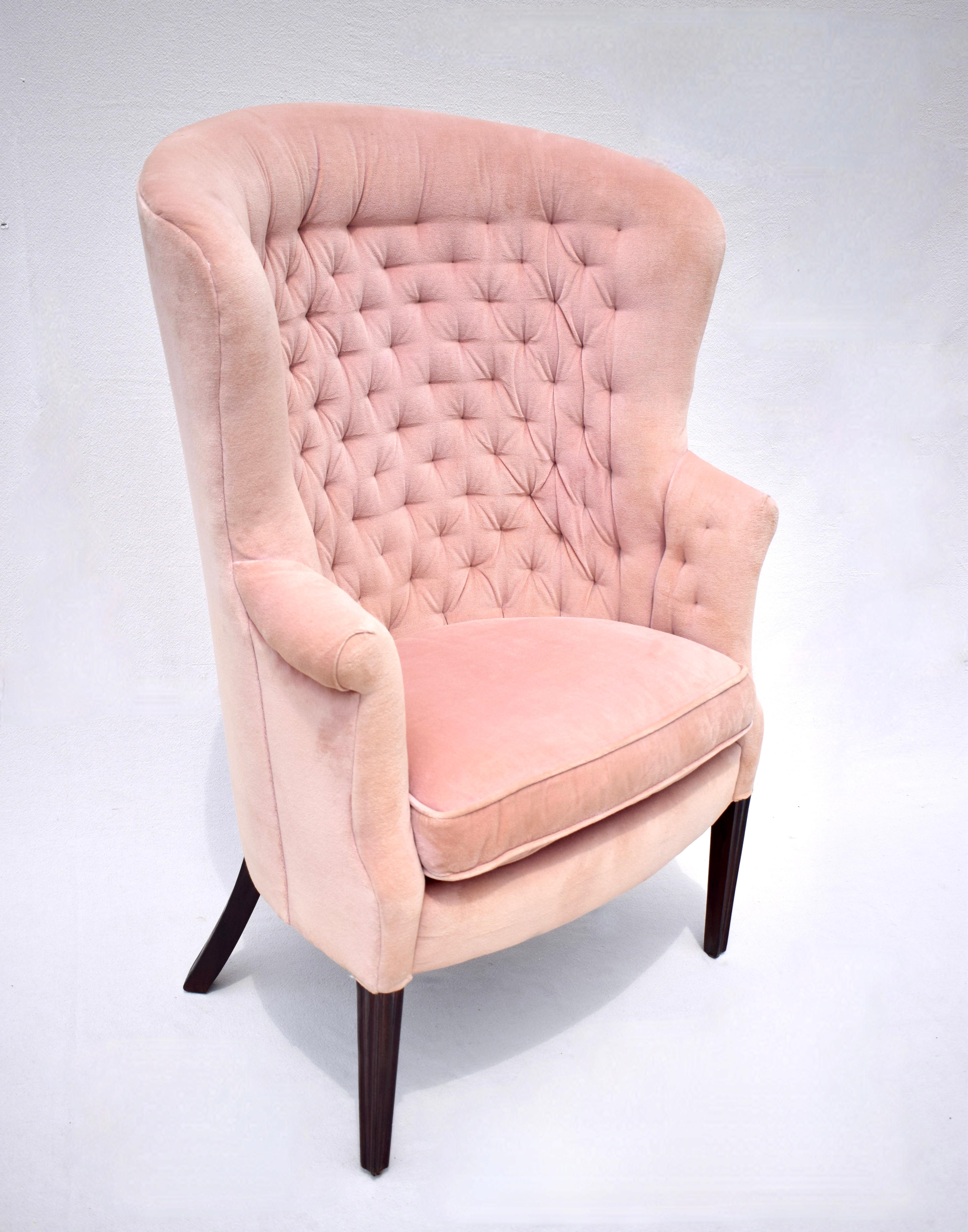 Velvet Tufted Curved Back Wing Chair For Sale