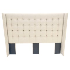 Tufted Custom Oatmeal Linen Upholstery King Size Wing Headboard King Size Bed