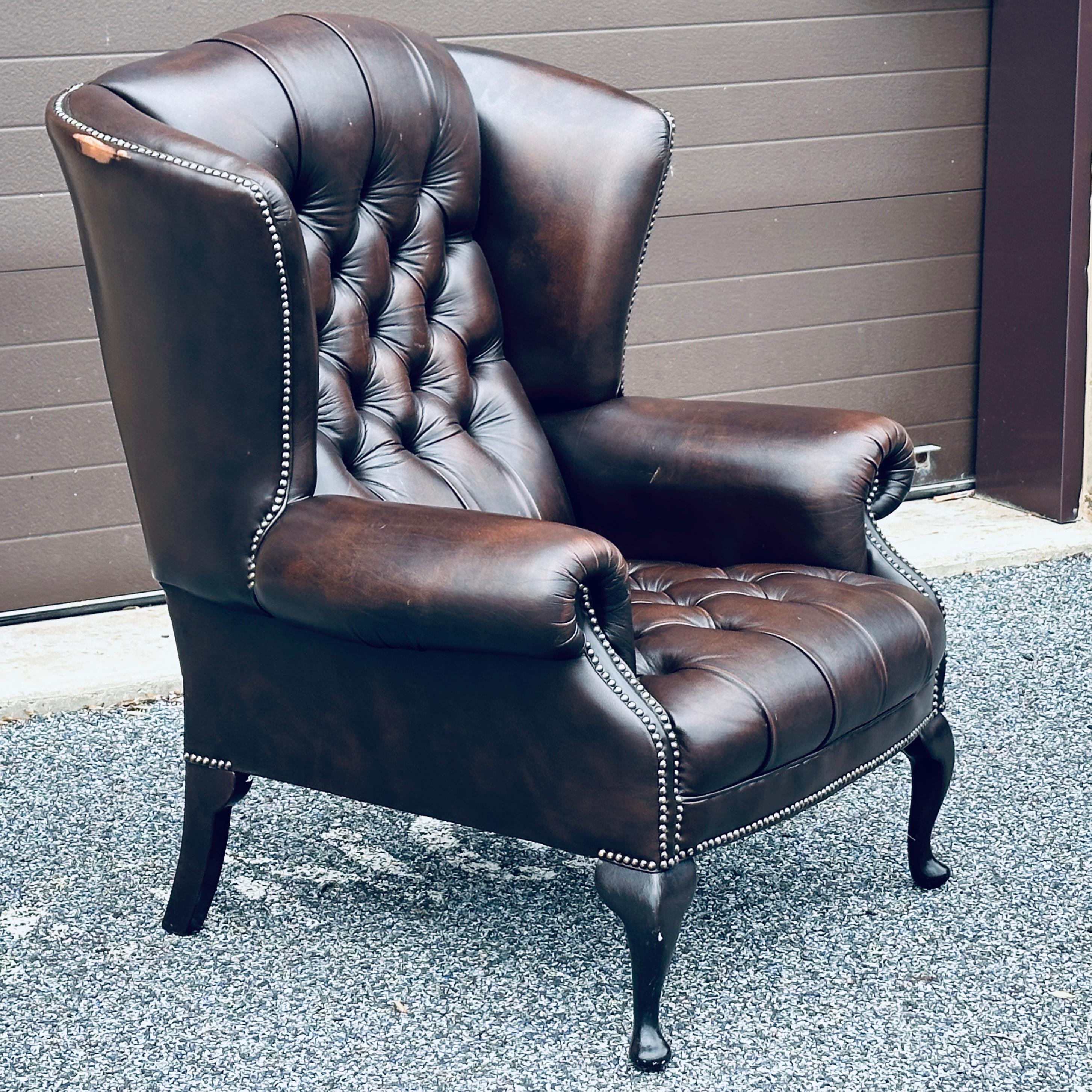 Tufted English Leather Wing Chair Chesterfield Wingback by Pendragon For Sale 4