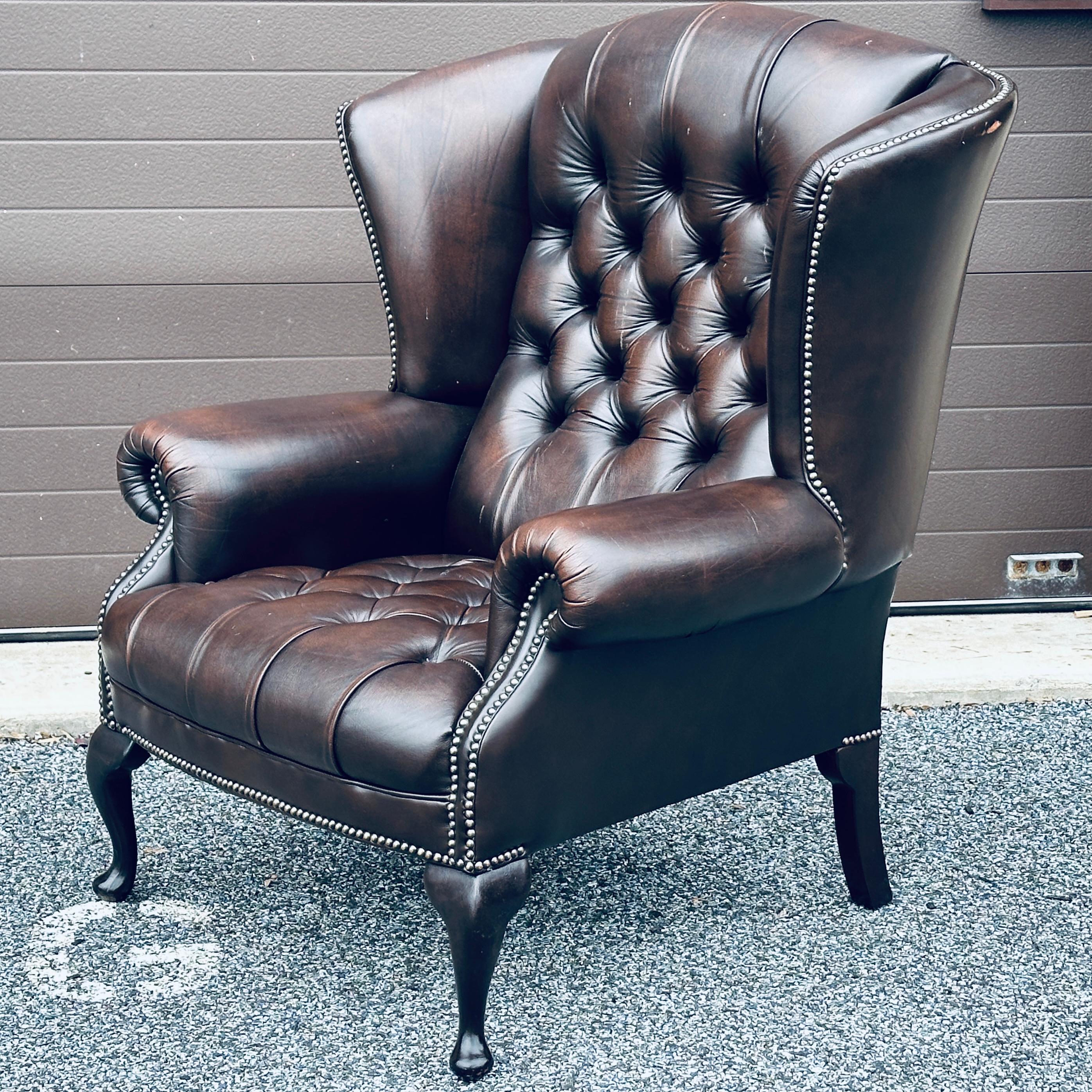 Tufted English Leather Wing Chair Chesterfield Wingback by Pendragon In Good Condition For Sale In West Chester, PA