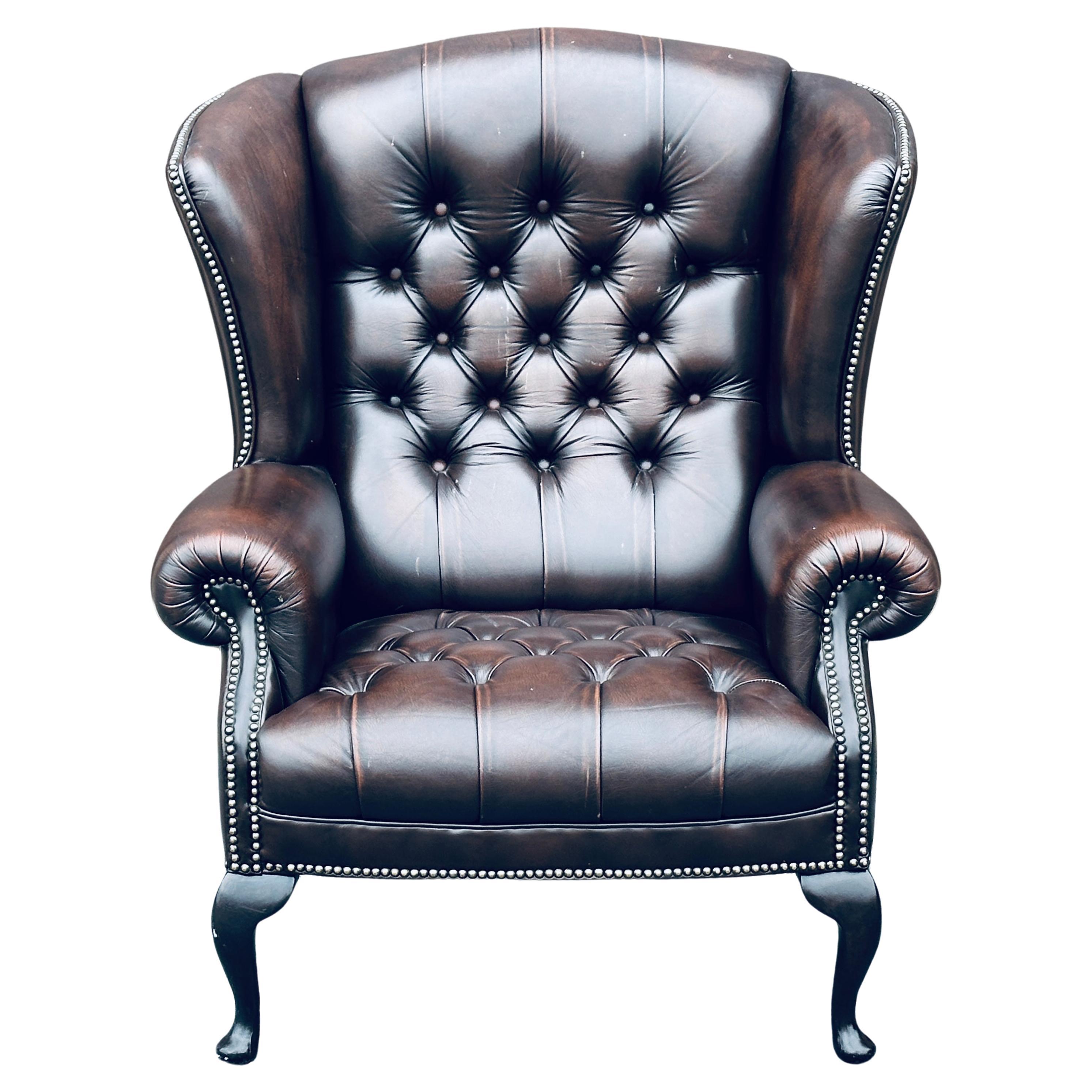 Tufted English Leather Wing Chair Chesterfield Wingback by Pendragon For Sale