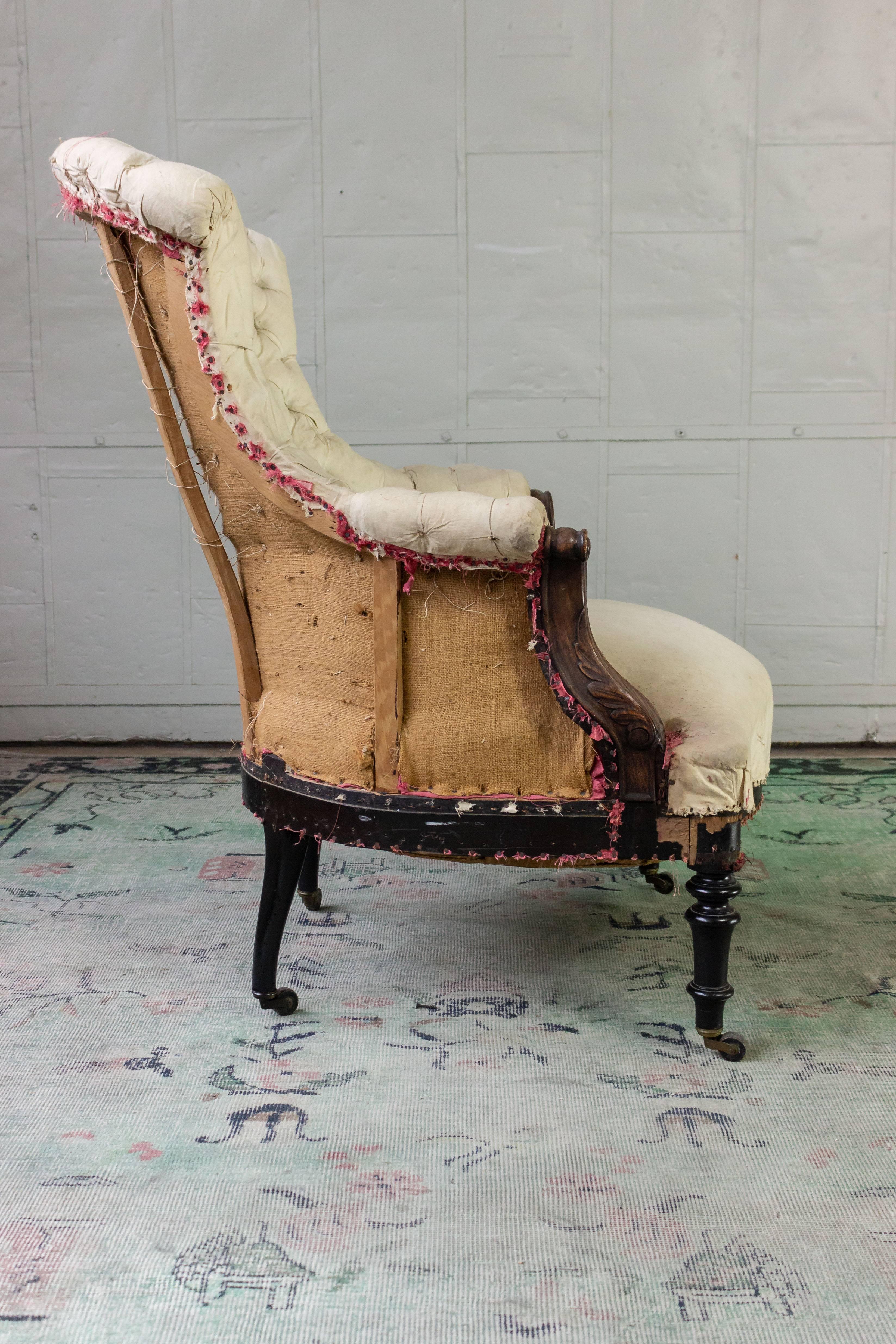 Tufted French Armchair with Carved Details In Good Condition In Buchanan, NY