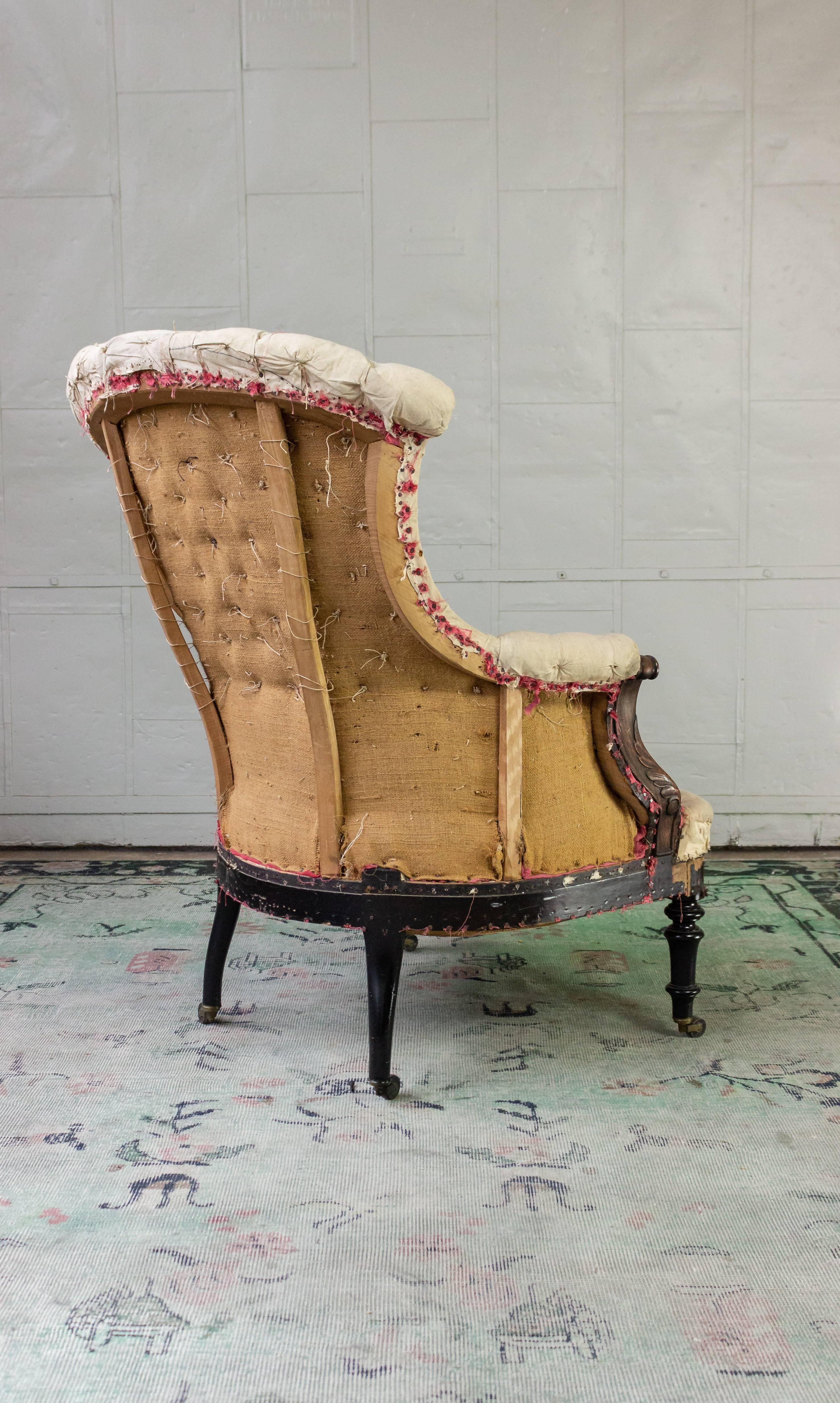 20th Century Tufted French Armchair with Carved Details