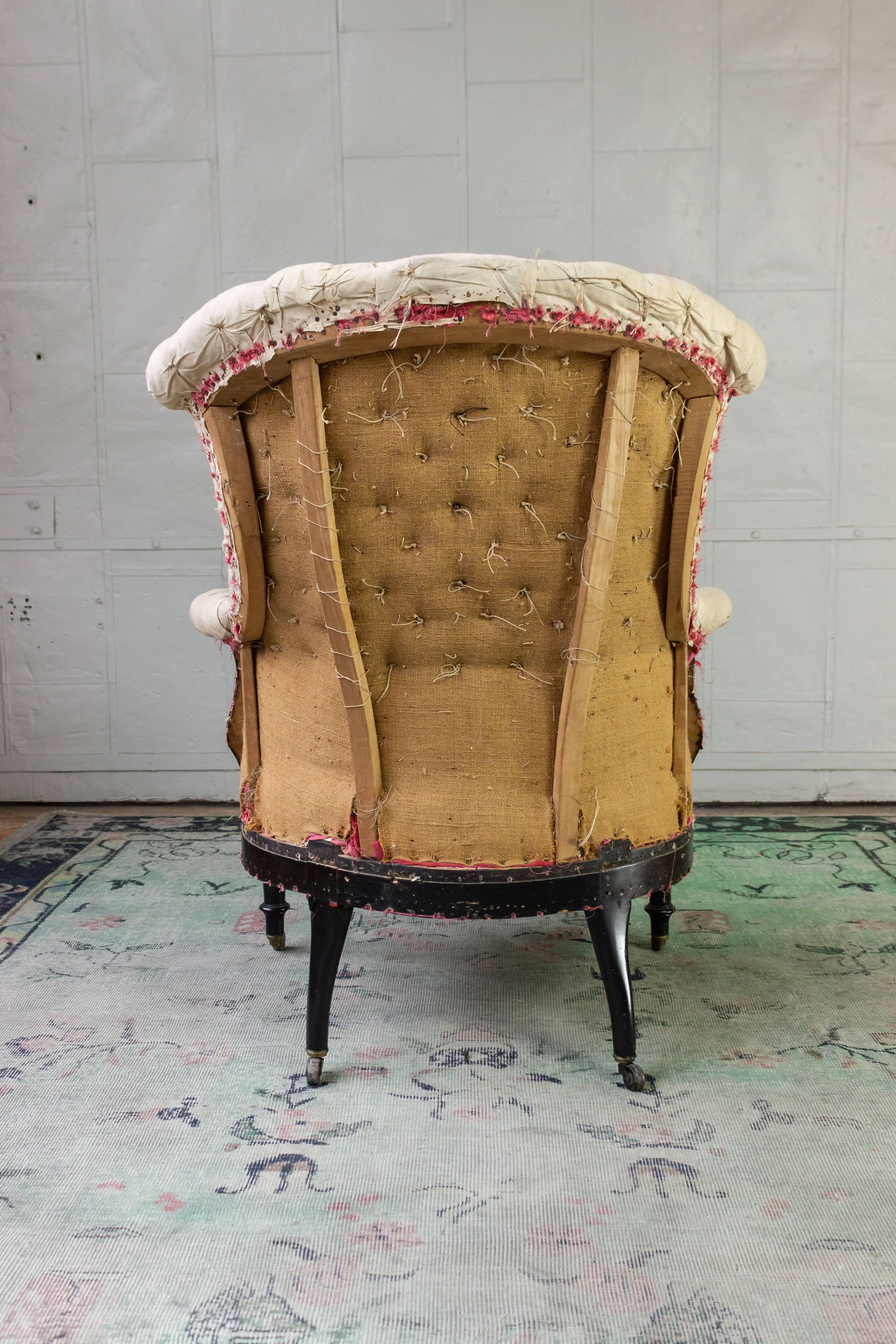 Fabric Tufted French Armchair with Carved Details