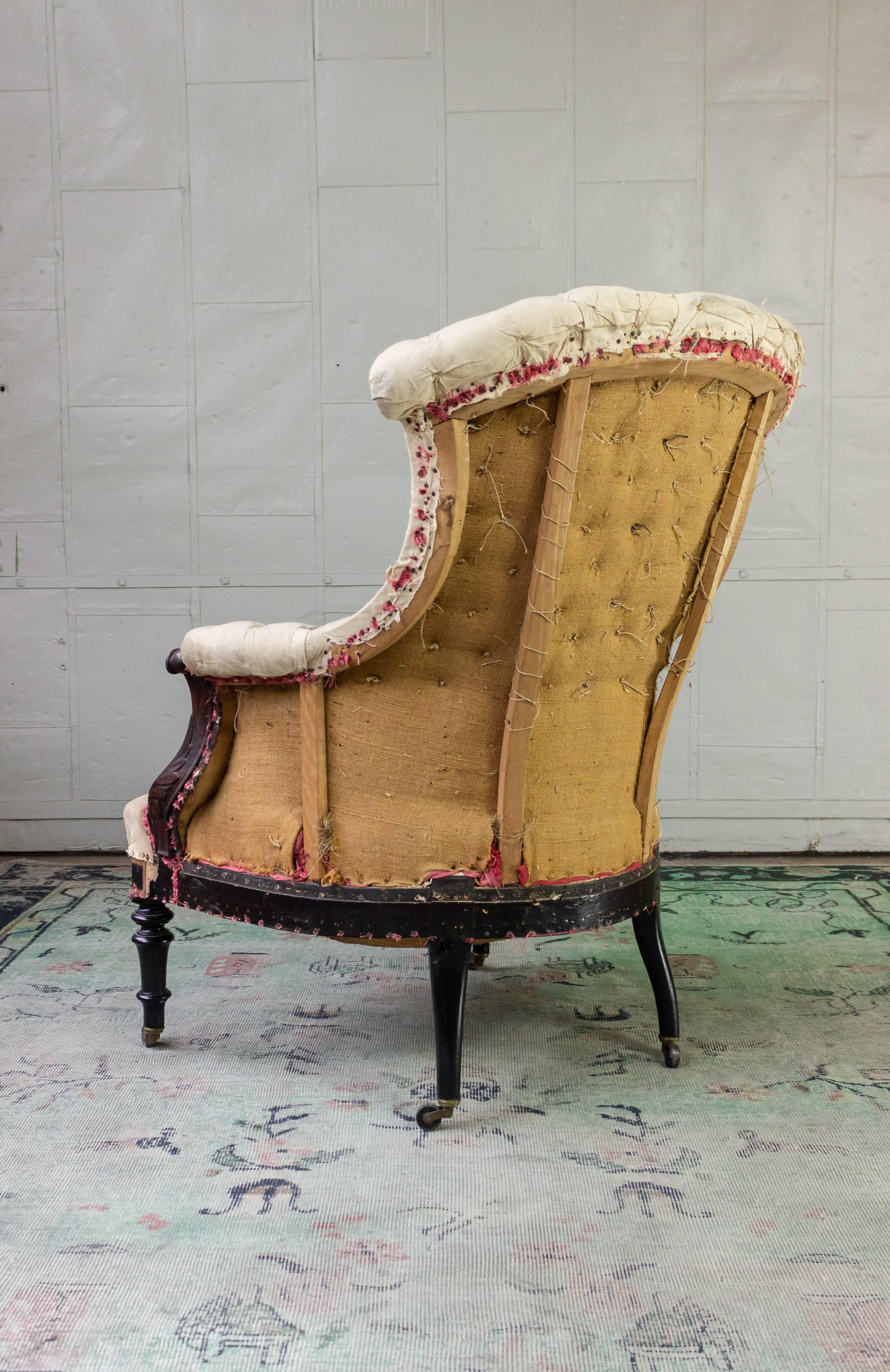 Tufted French Armchair with Carved Details 1