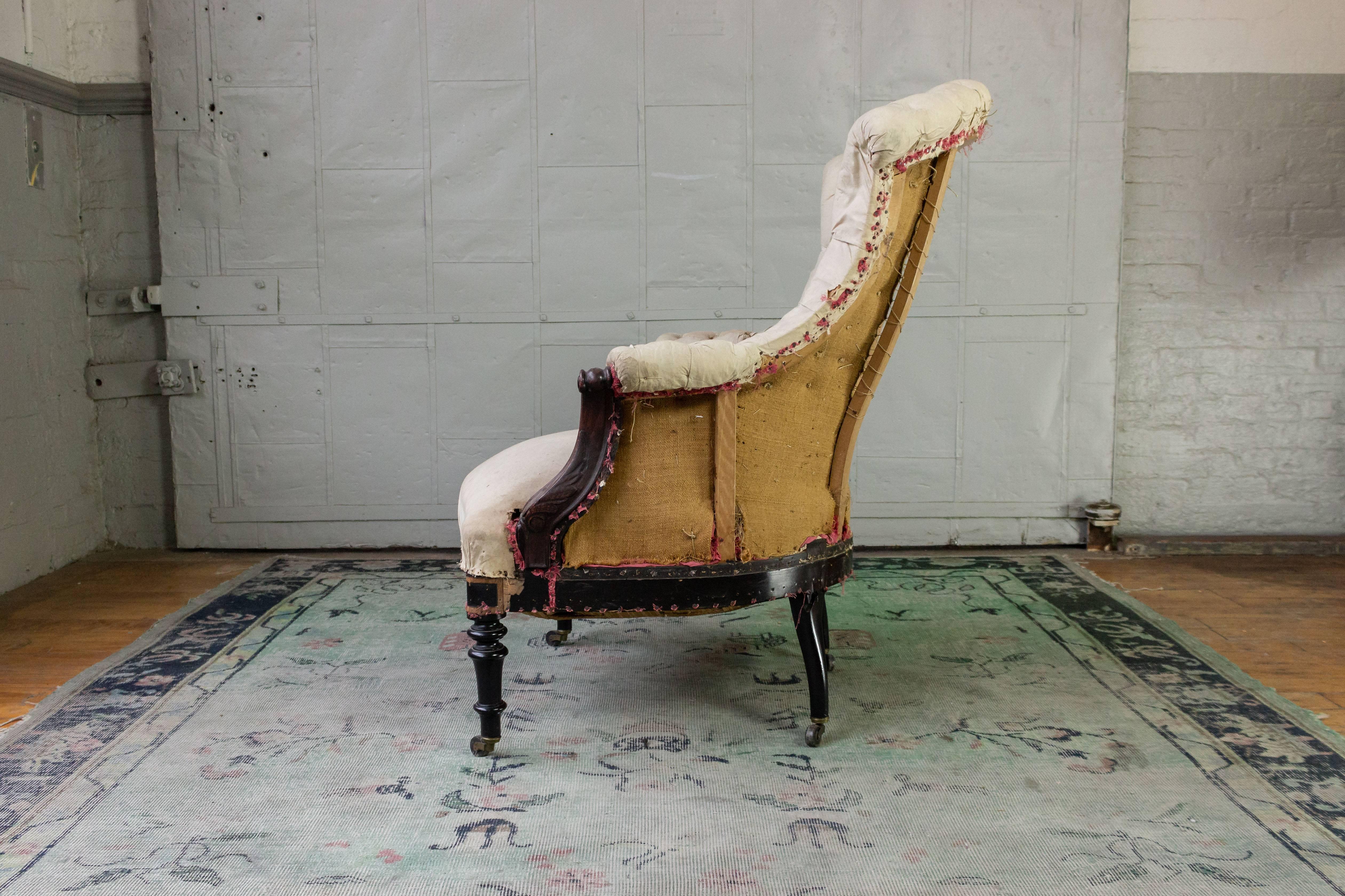 Tufted French Armchair with Carved Details 2
