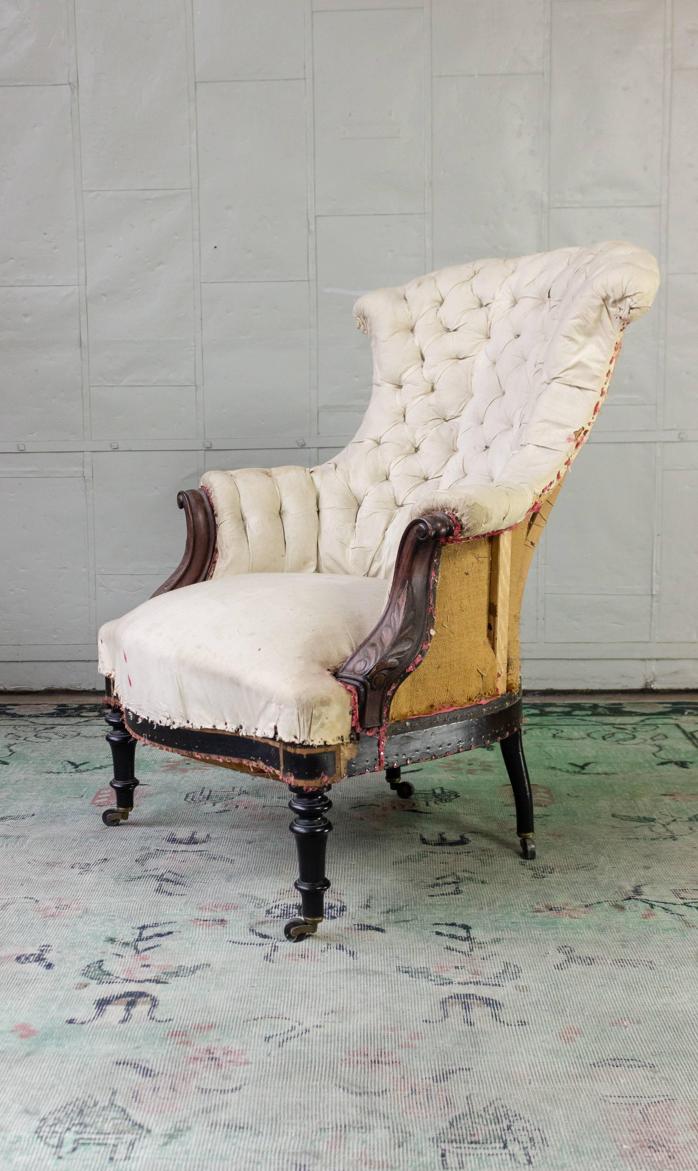 Tufted French Armchair with Carved Details 3