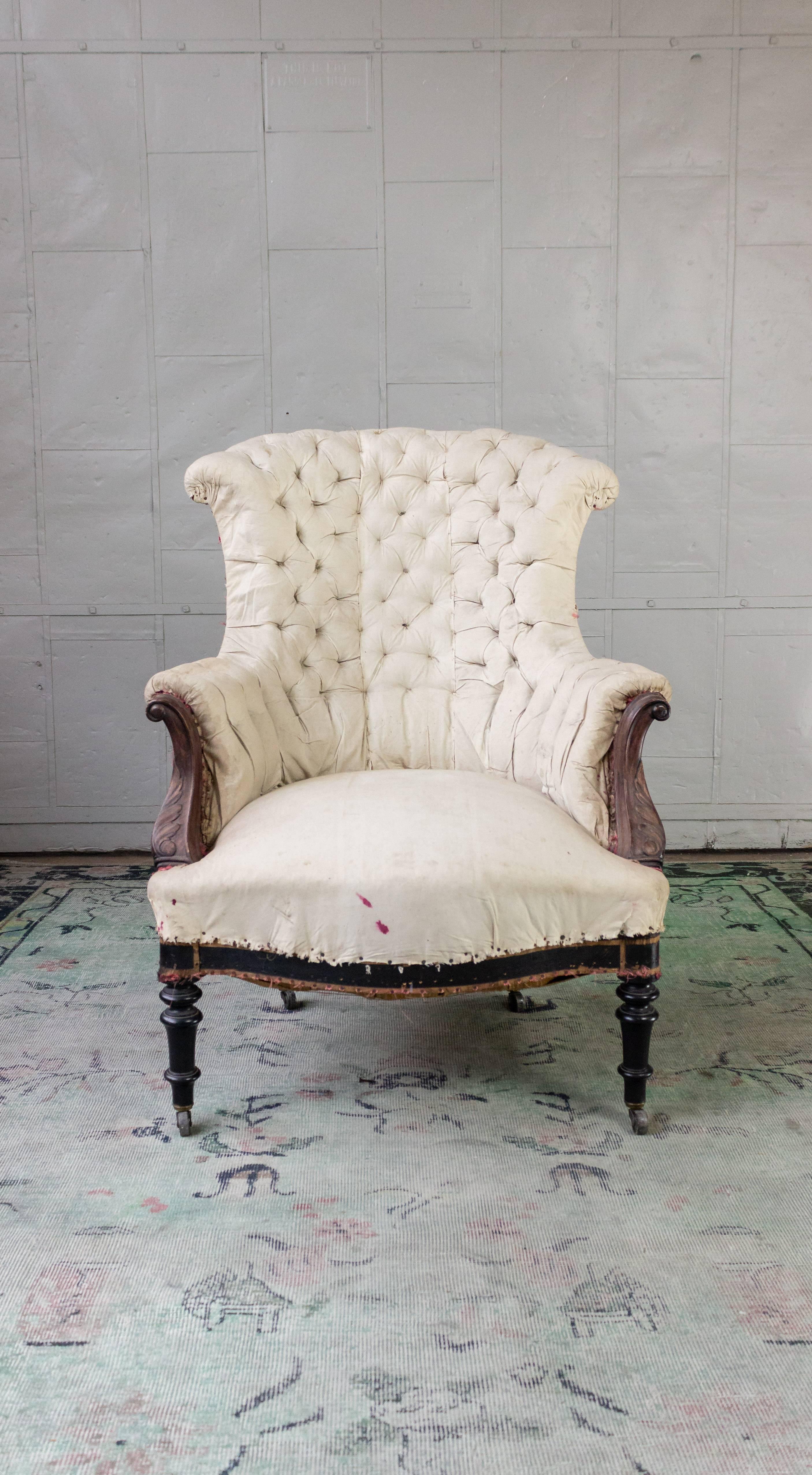 Tufted French Armchair with Carved Details 4