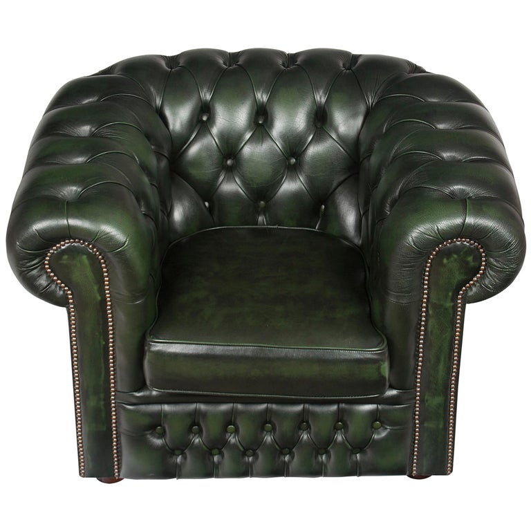 Tufted Green Leather Chesterfield Club Armchair at 1stDibs