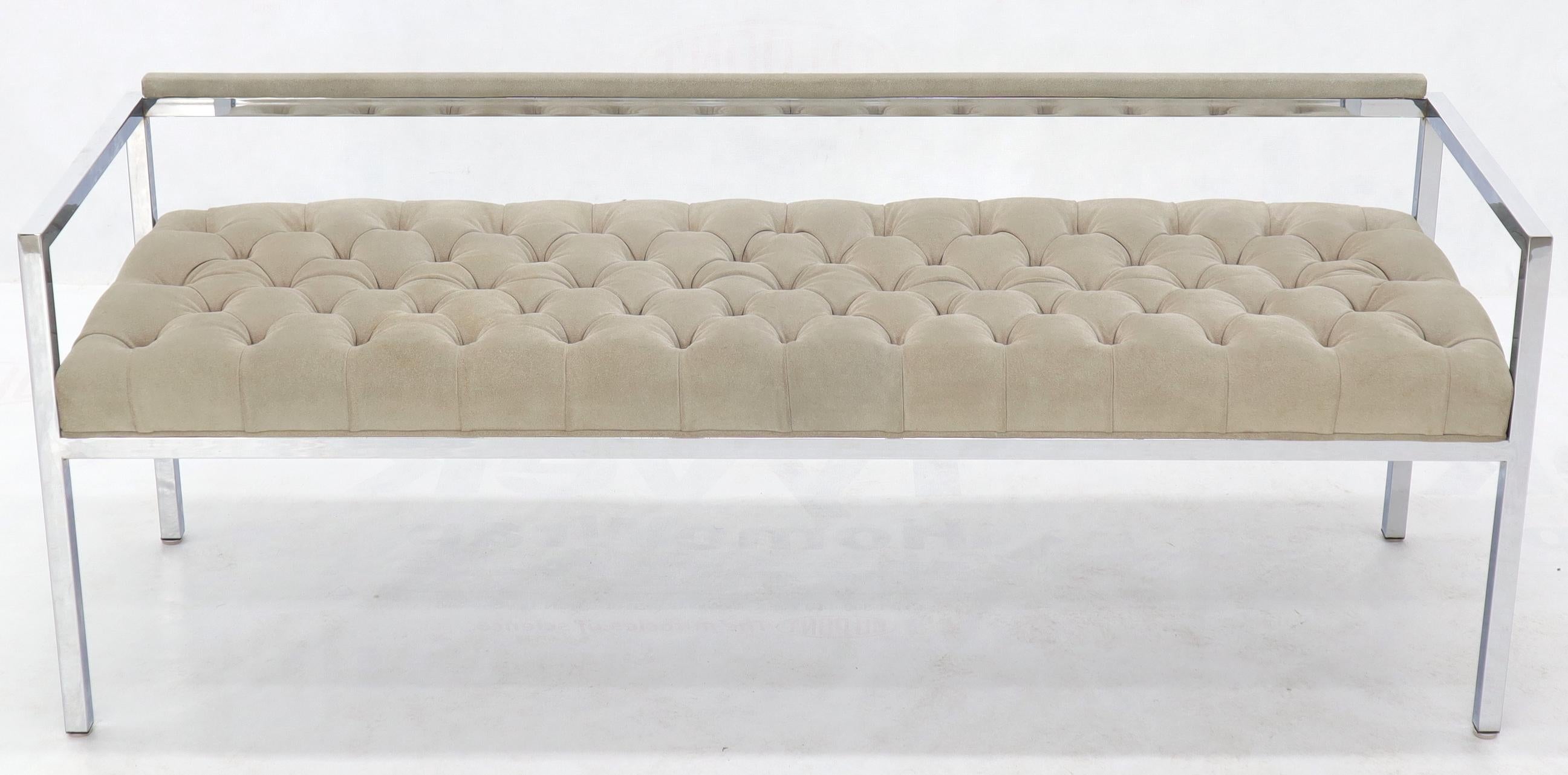 Mid-Century Modern high quality tufted suede upholstery chrome bench. Attributed to Milo Baughman.
