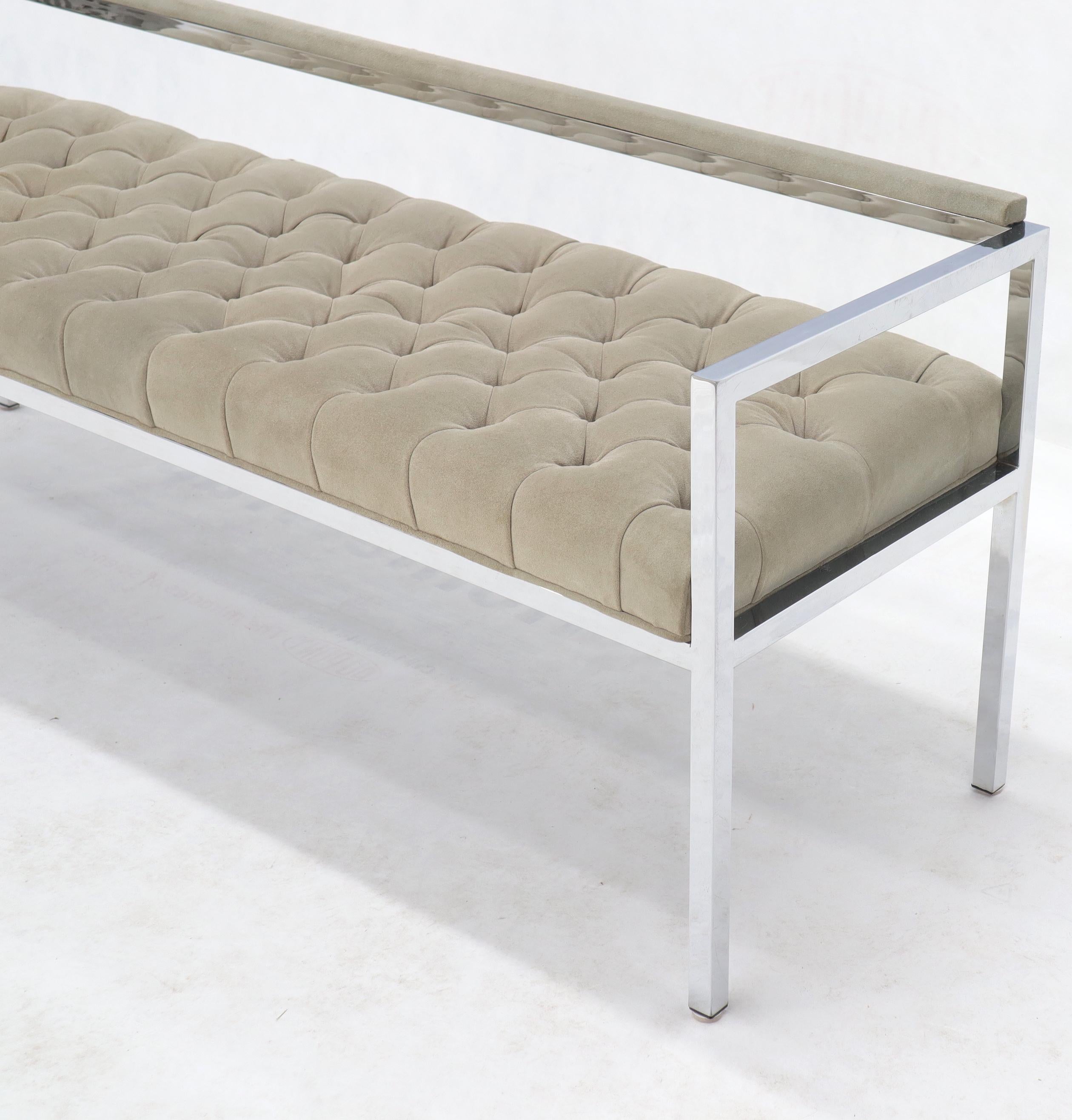 Tufted Grey Genuine Suede Leather Upholstery Chrome Bench Baughman In Excellent Condition For Sale In Rockaway, NJ