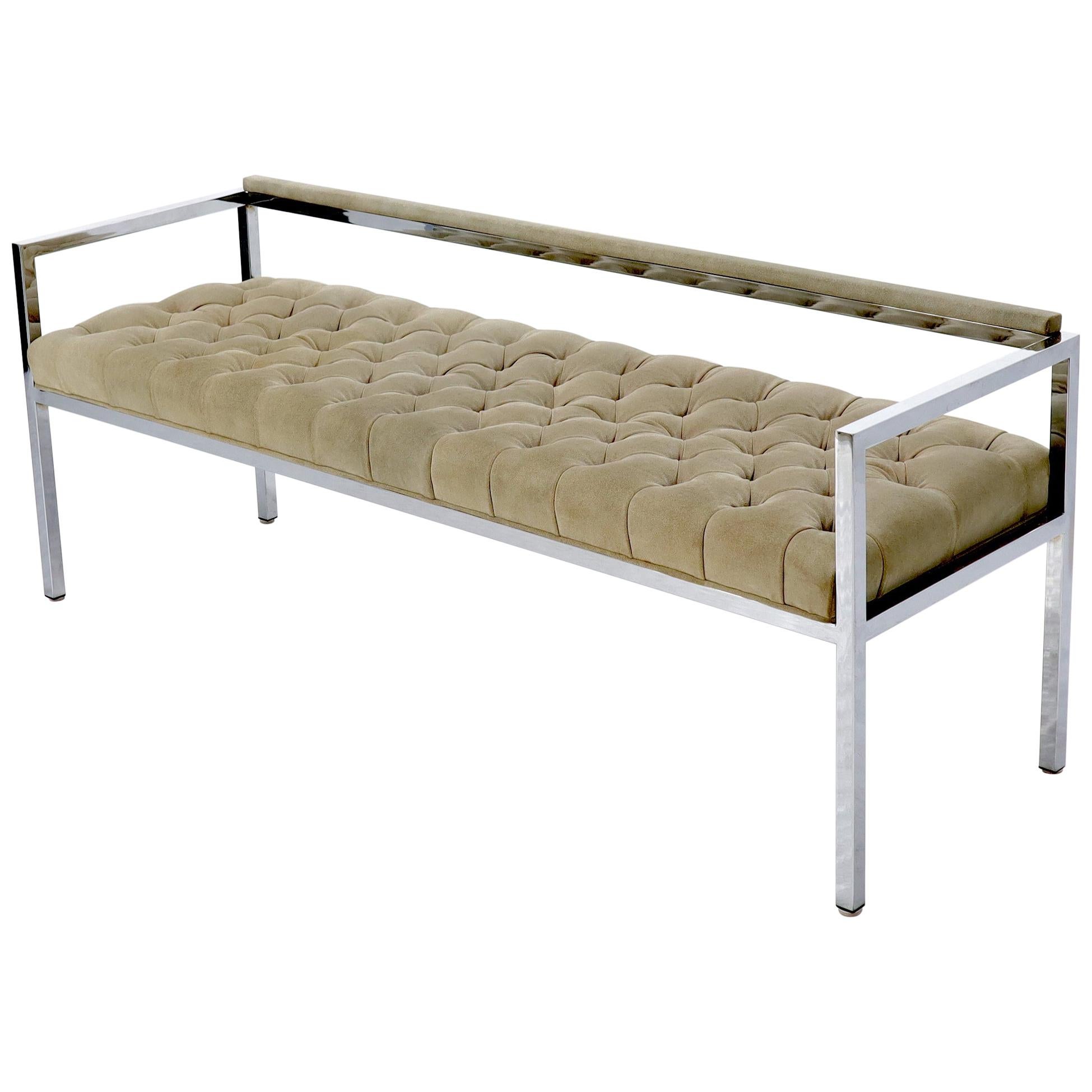 Tufted Grey Genuine Suede Leather Upholstery Chrome Bench Baughman For Sale