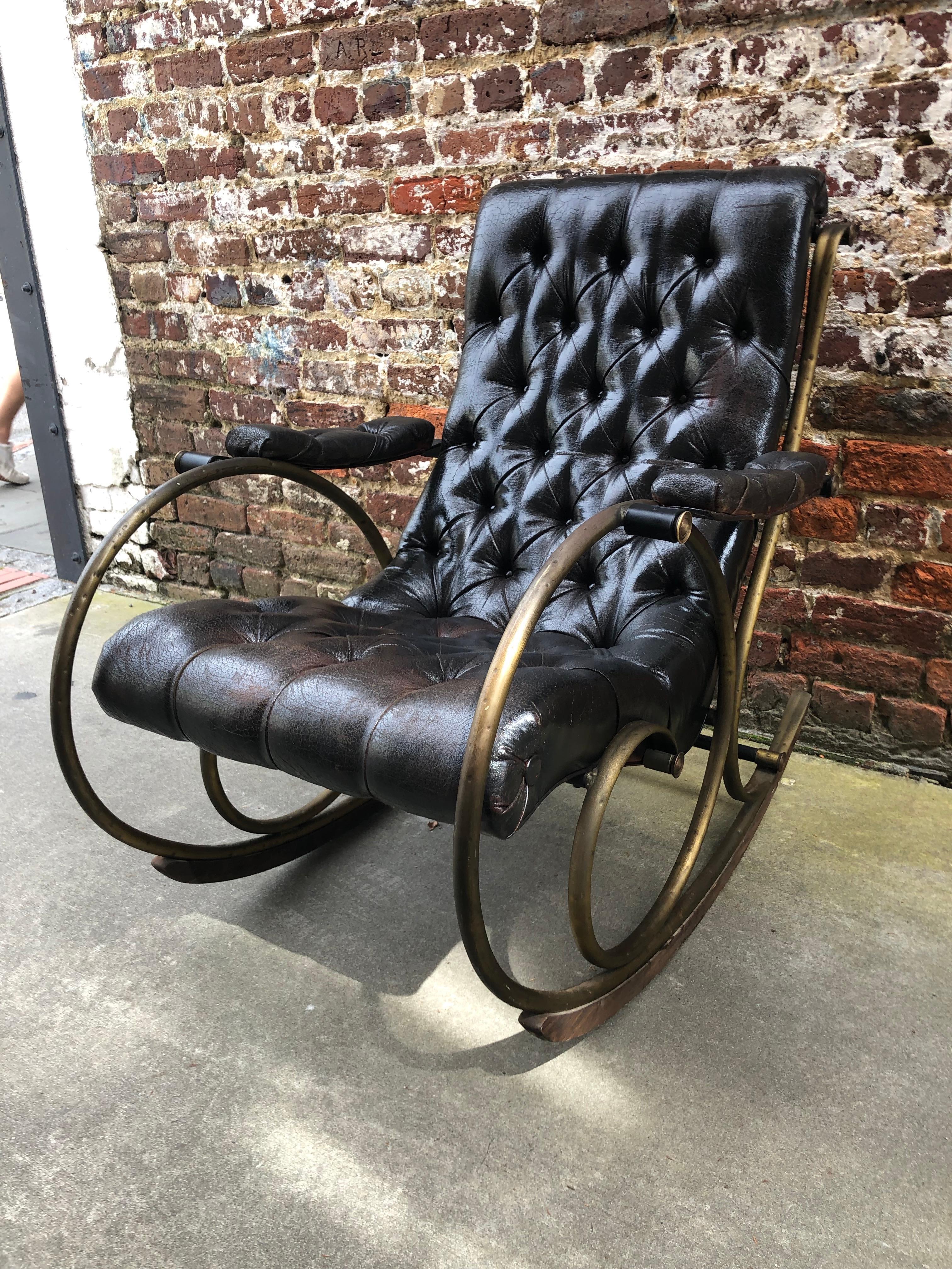 Unknown Tufted Leather and Brass Rocking Chair