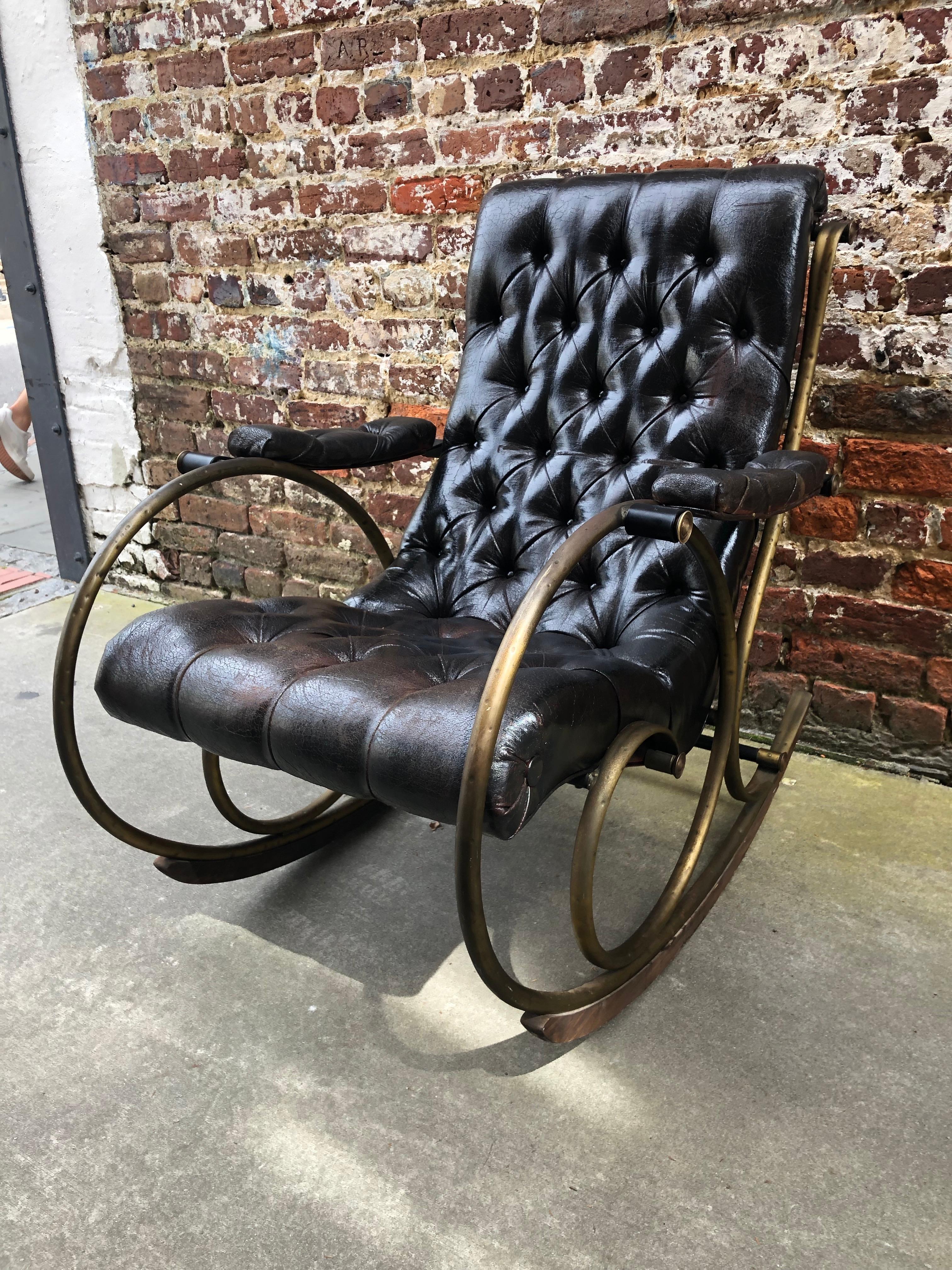 Tufted Leather and Brass Rocking Chair In Good Condition In Charleston, SC