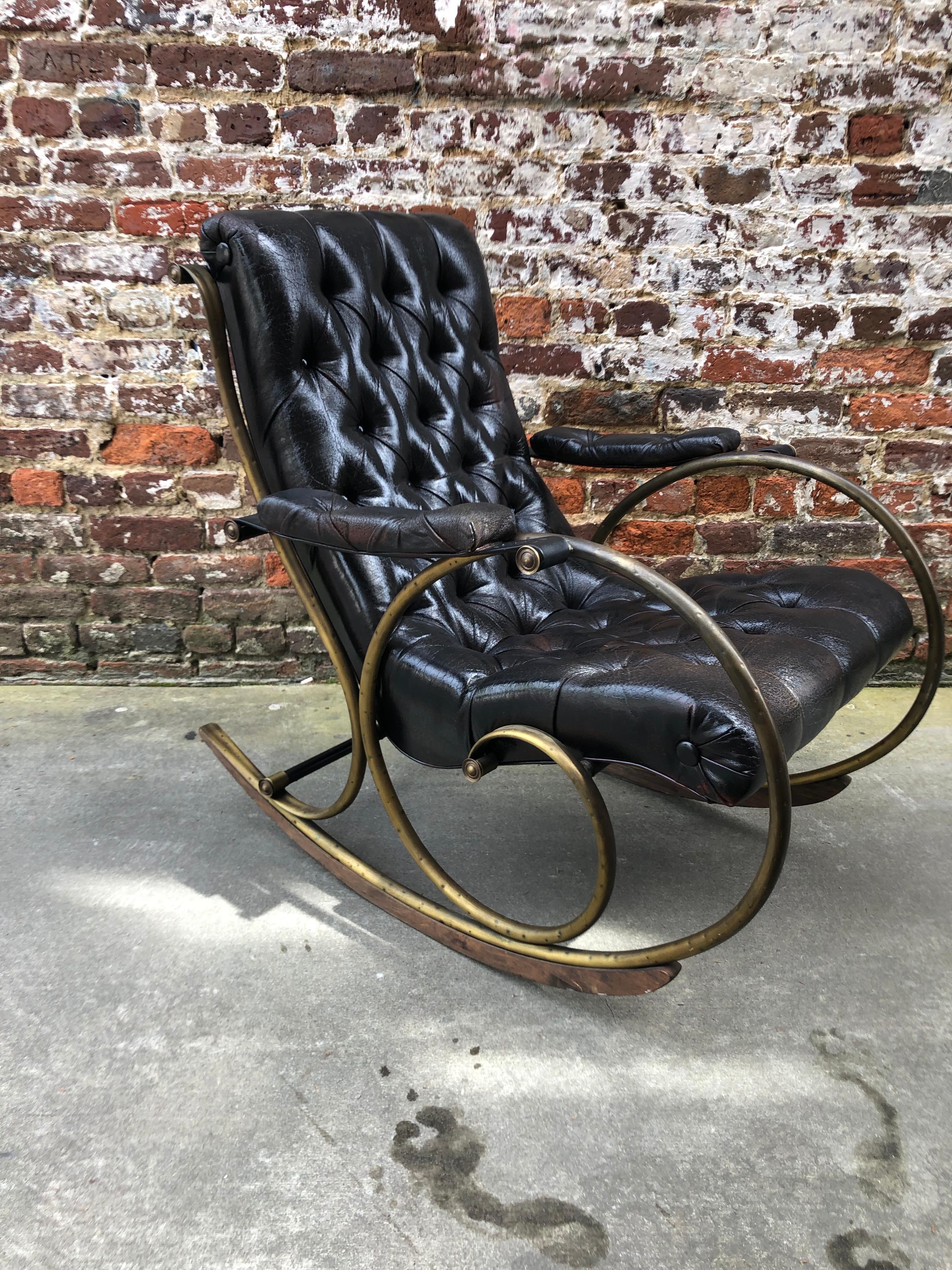 20th Century Tufted Leather and Brass Rocking Chair