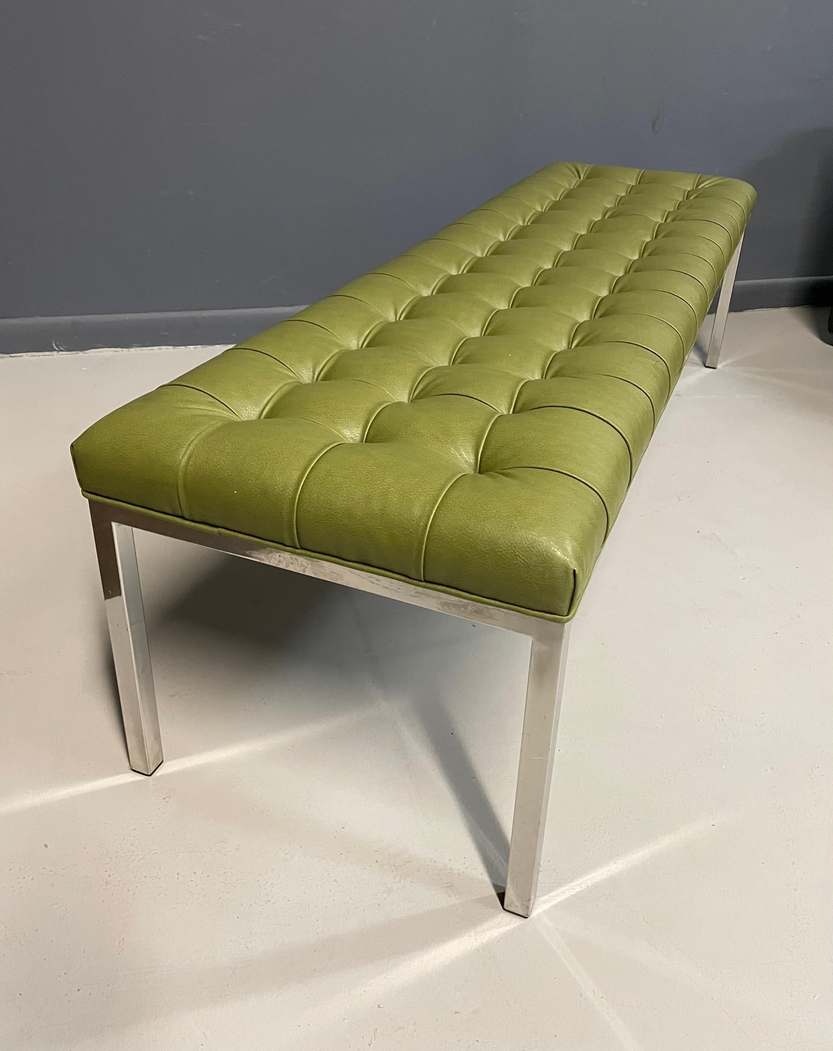 Mid-Century Modern Tufted Leather and Chrome Bench by Lehigh-Leopold in the Style of Ward Bennett