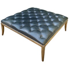 Tufted Leather and Wood Ottoman