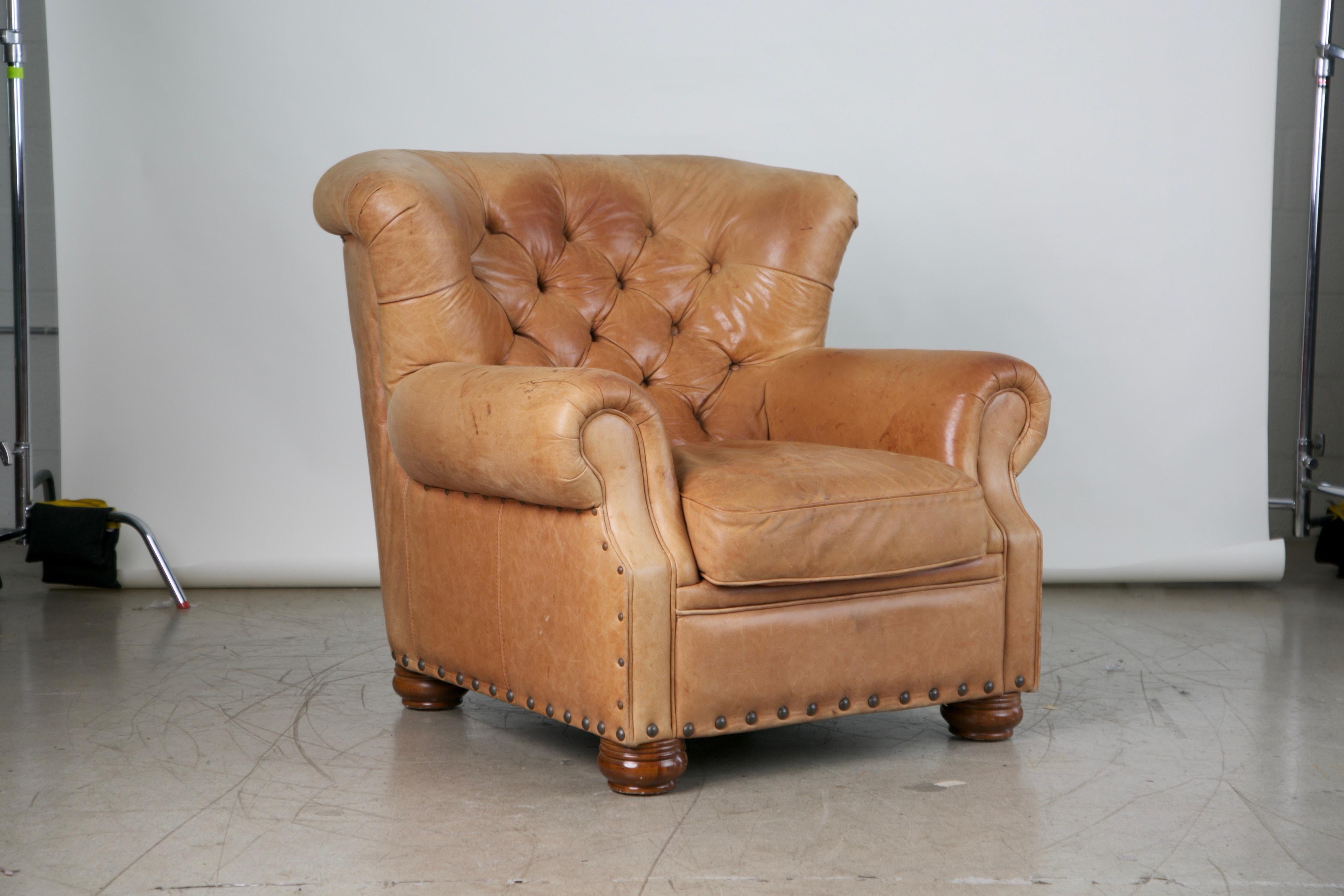 Modern Tufted Leather Armchair and Ottoman in the Style of Ralph Lauren