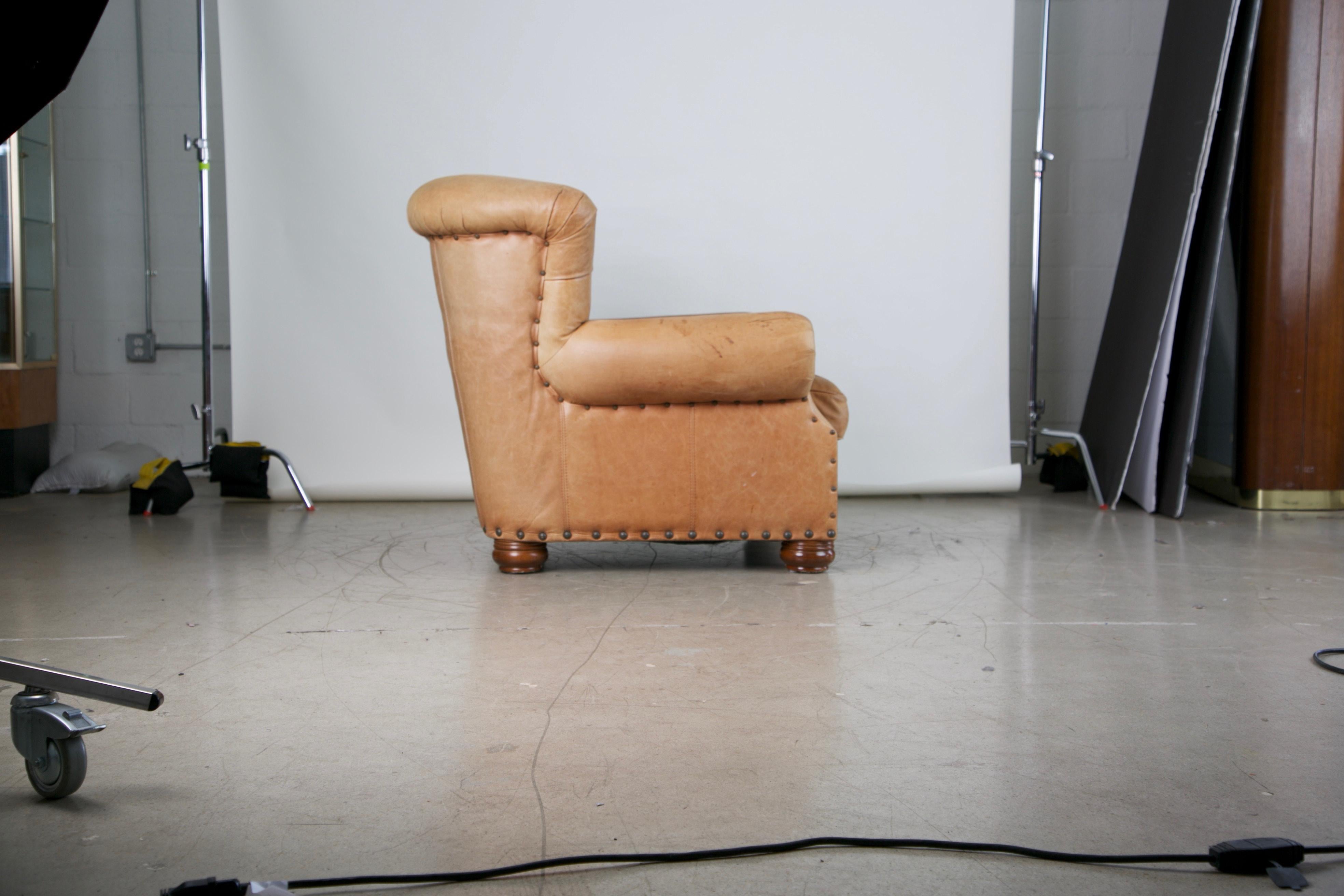 American Tufted Leather Armchair and Ottoman in the Style of Ralph Lauren