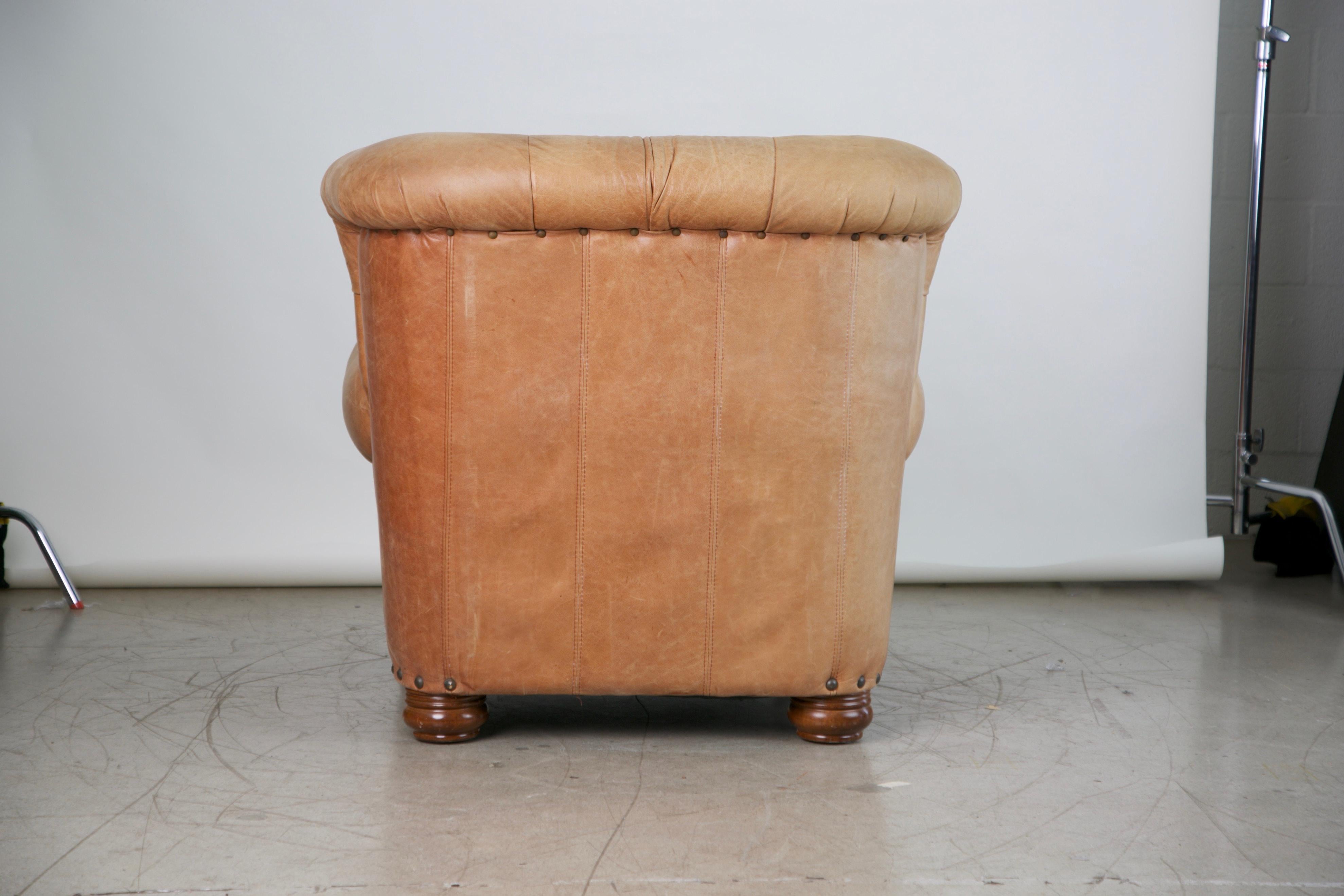 20th Century Tufted Leather Armchair and Ottoman in the Style of Ralph Lauren