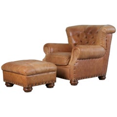 Tufted Leather Armchair and Ottoman in the Style of Ralph Lauren