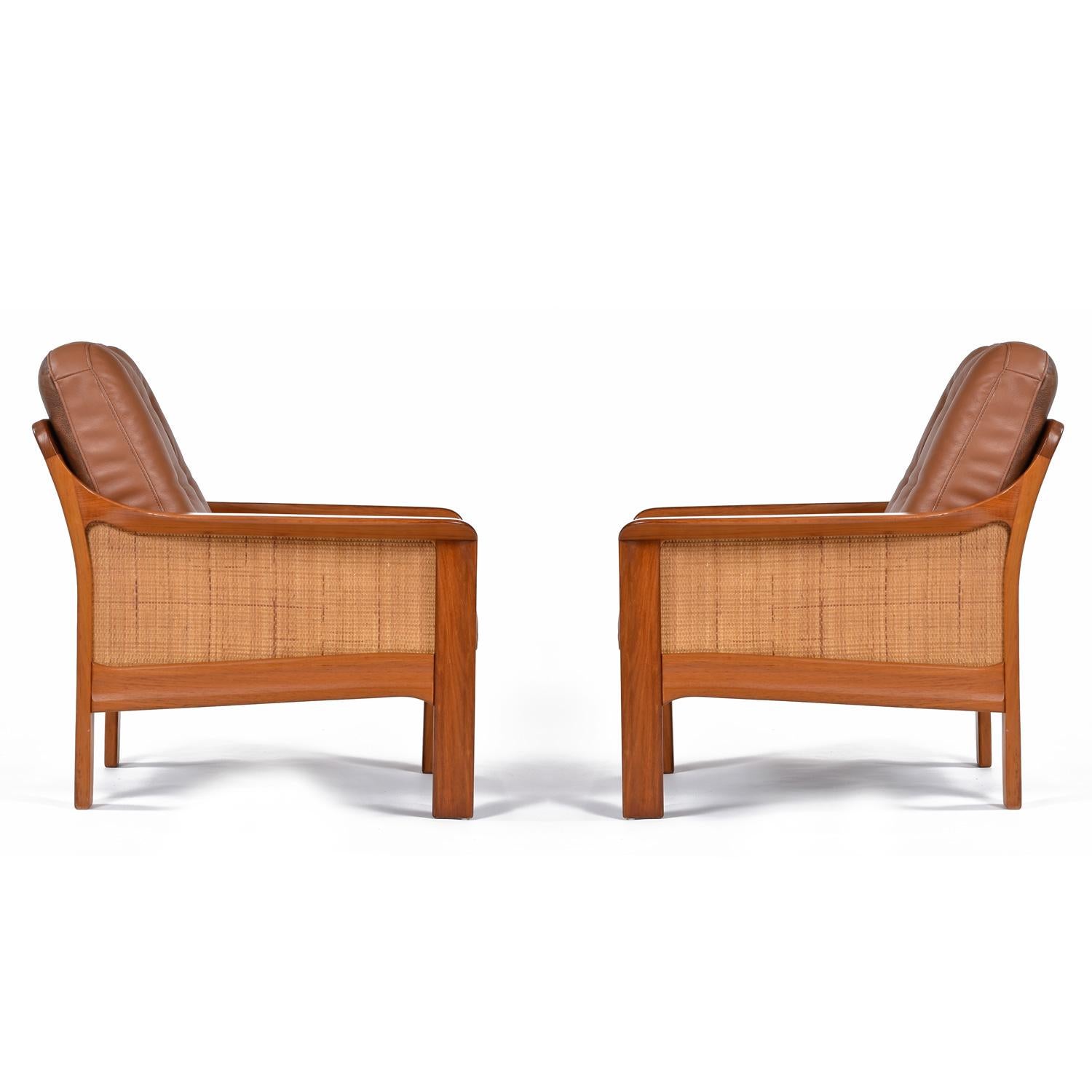 Tufted Leather Balinese Style Danish Modern Solid Teak and Cane Lounge Chair Set In Good Condition In Chattanooga, TN