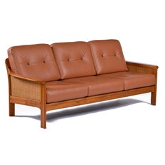 Tufted Leather Balinese Style Danish Modern Solid Teak and Cane Sofa & Chairs