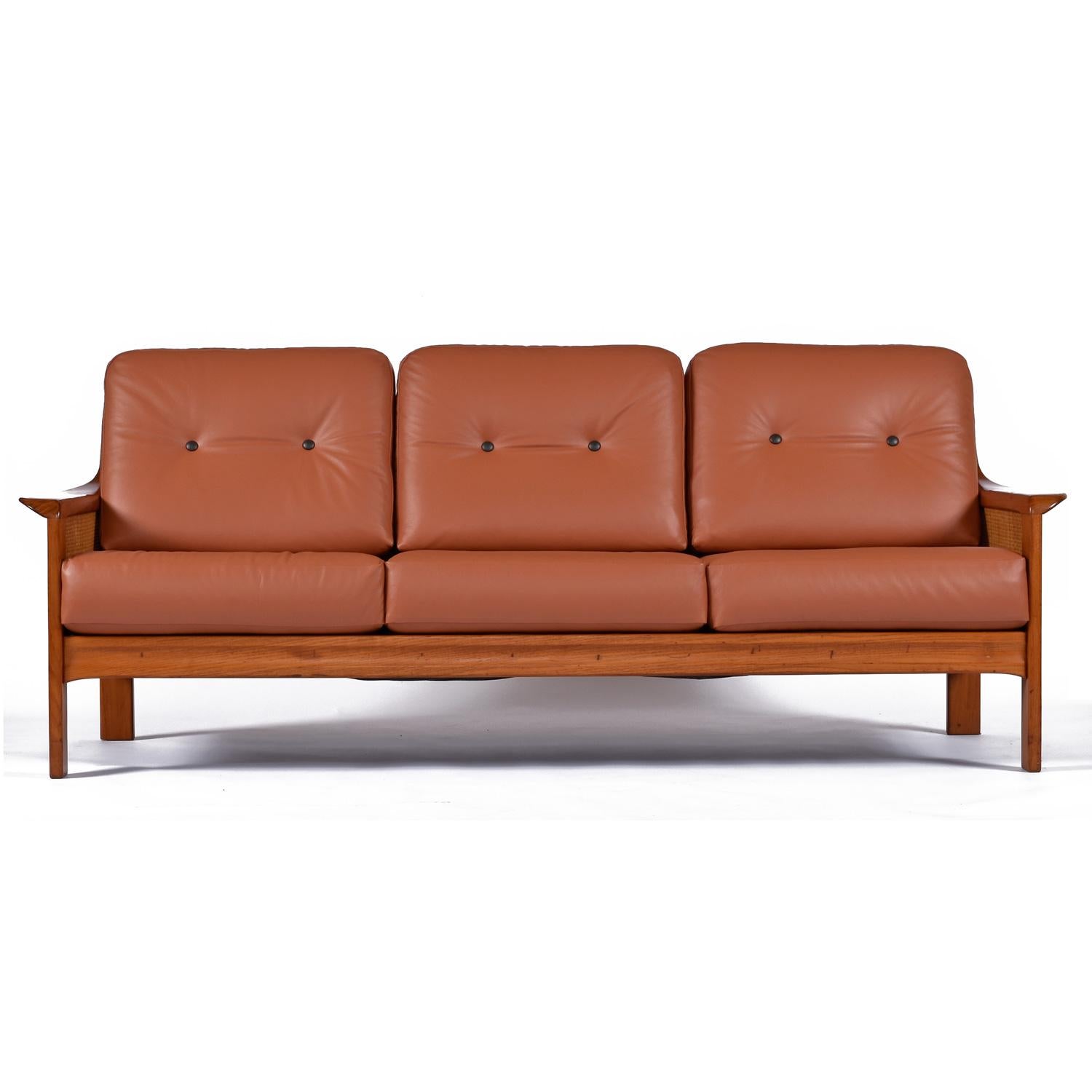 Mid-Century Modern Tufted Leather Balinese Style Danish Modern Solid Teak and Cane Sofa & Chairs