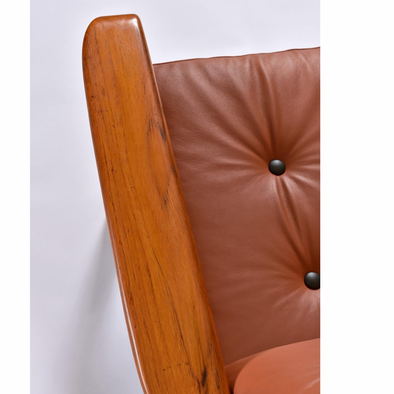 Mid-Century Modern Tufted Leather Balinese Style Danish Modern Solid Teak and Cane Sofa For Sale